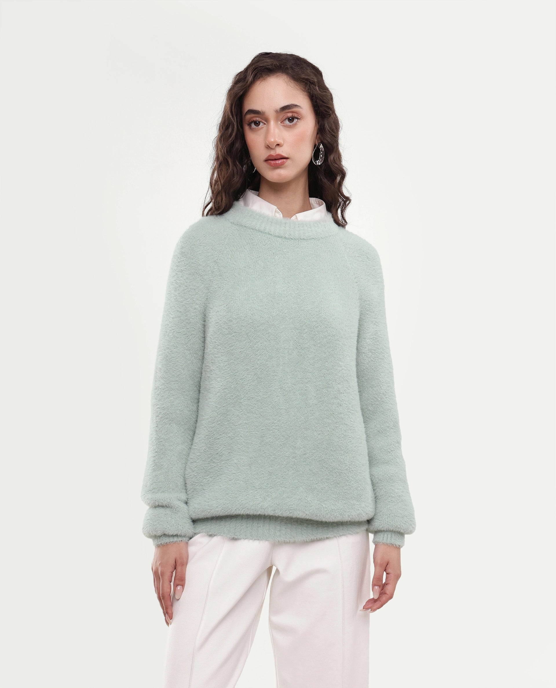 Rareism Women's Mitsi Light Blue Plain Nylon Relaxed Long Sleeves Sweater