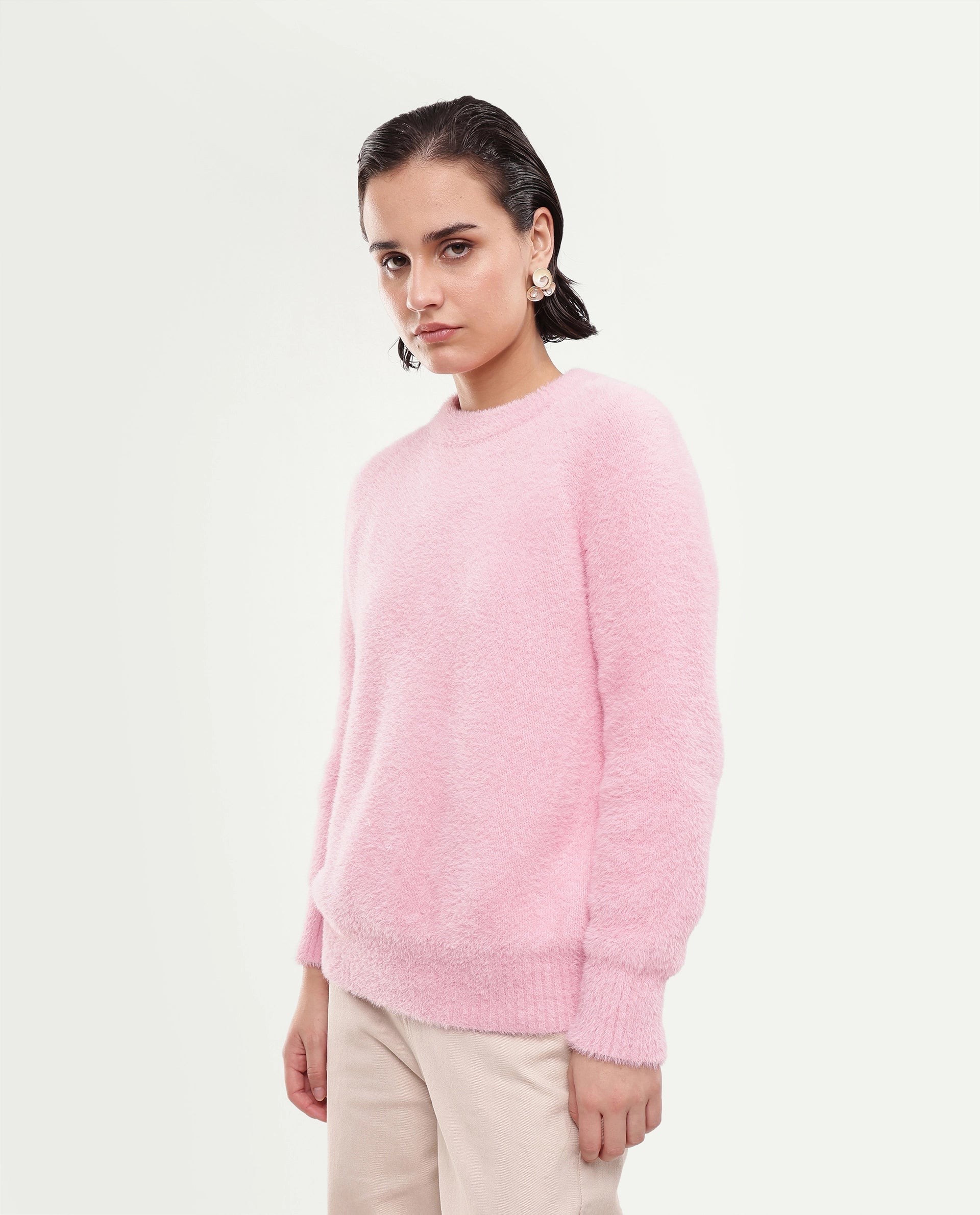 Rareism Women's Mitsi Light Peach Plain Nylon Relaxed Long Sleeves Sweater