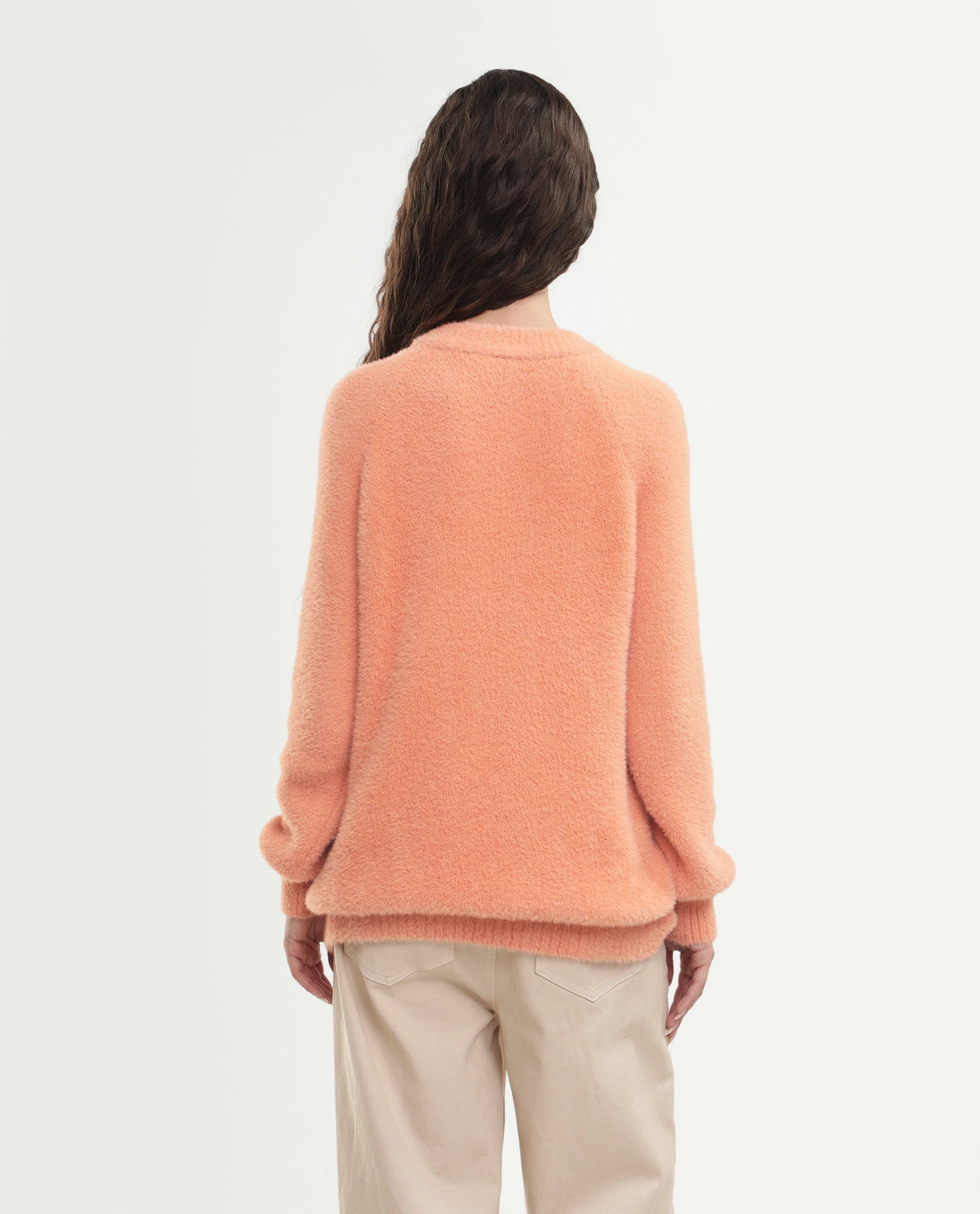 Rareism Women's Mitsi Light Orange Nylon Crew Neck Relaxed Fit Plain Sweater