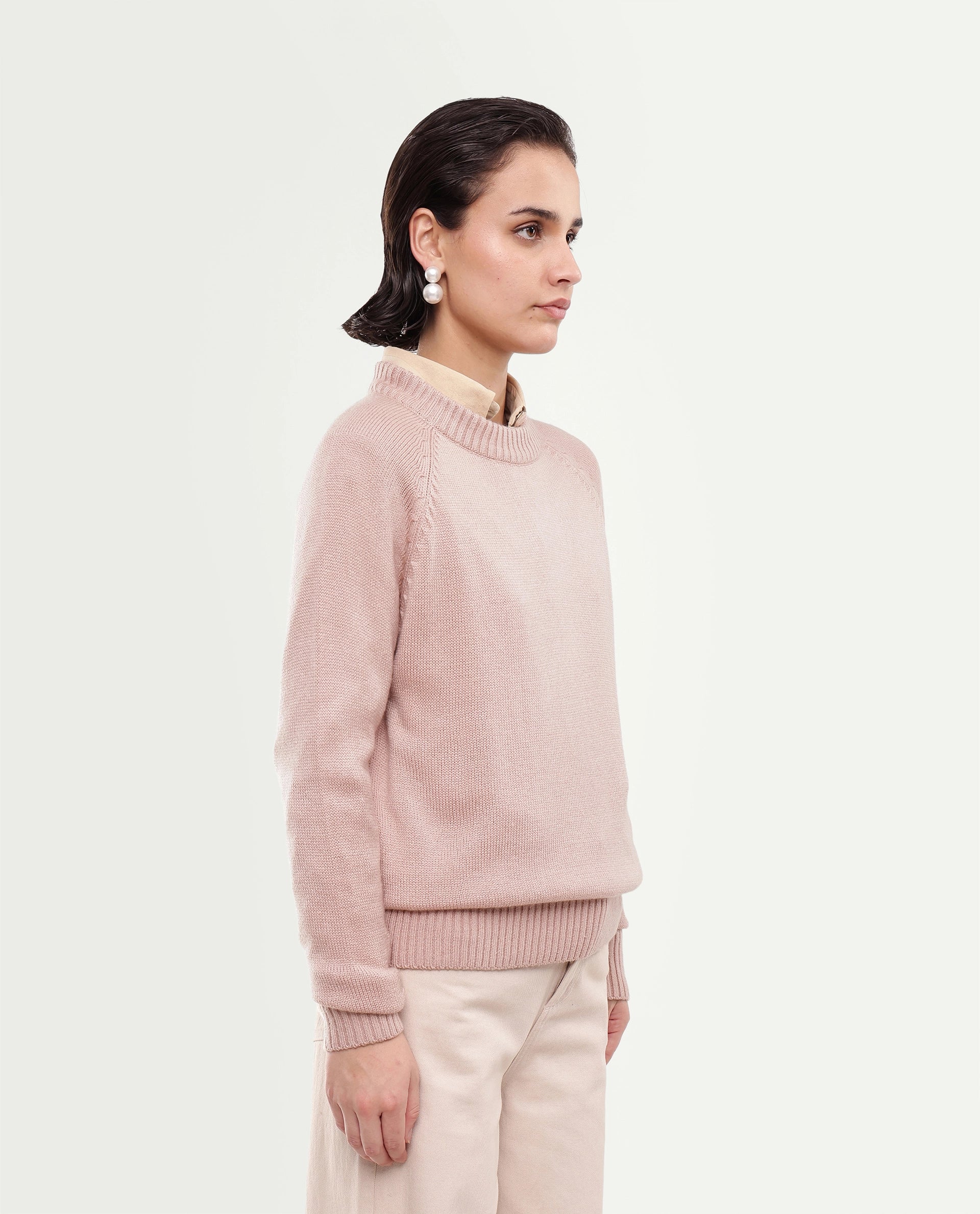 Rareism Women's Mitso Dusky Pink Plain Acrylic Relaxed Long Sleeves Sweater