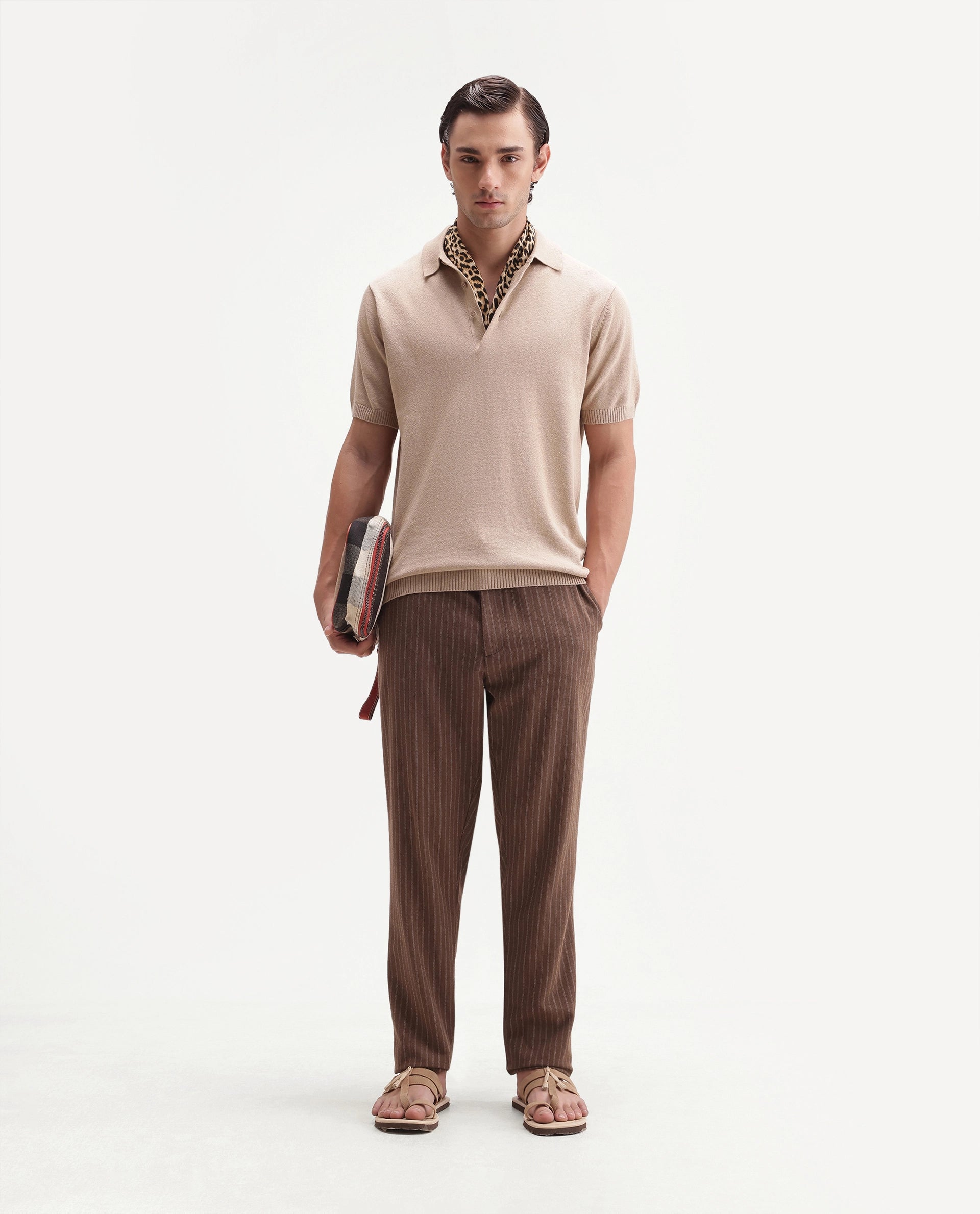 Rare Rabbit Men's Linok Light Beige Linen Blend Spread Collar Button Regular Plain Polo