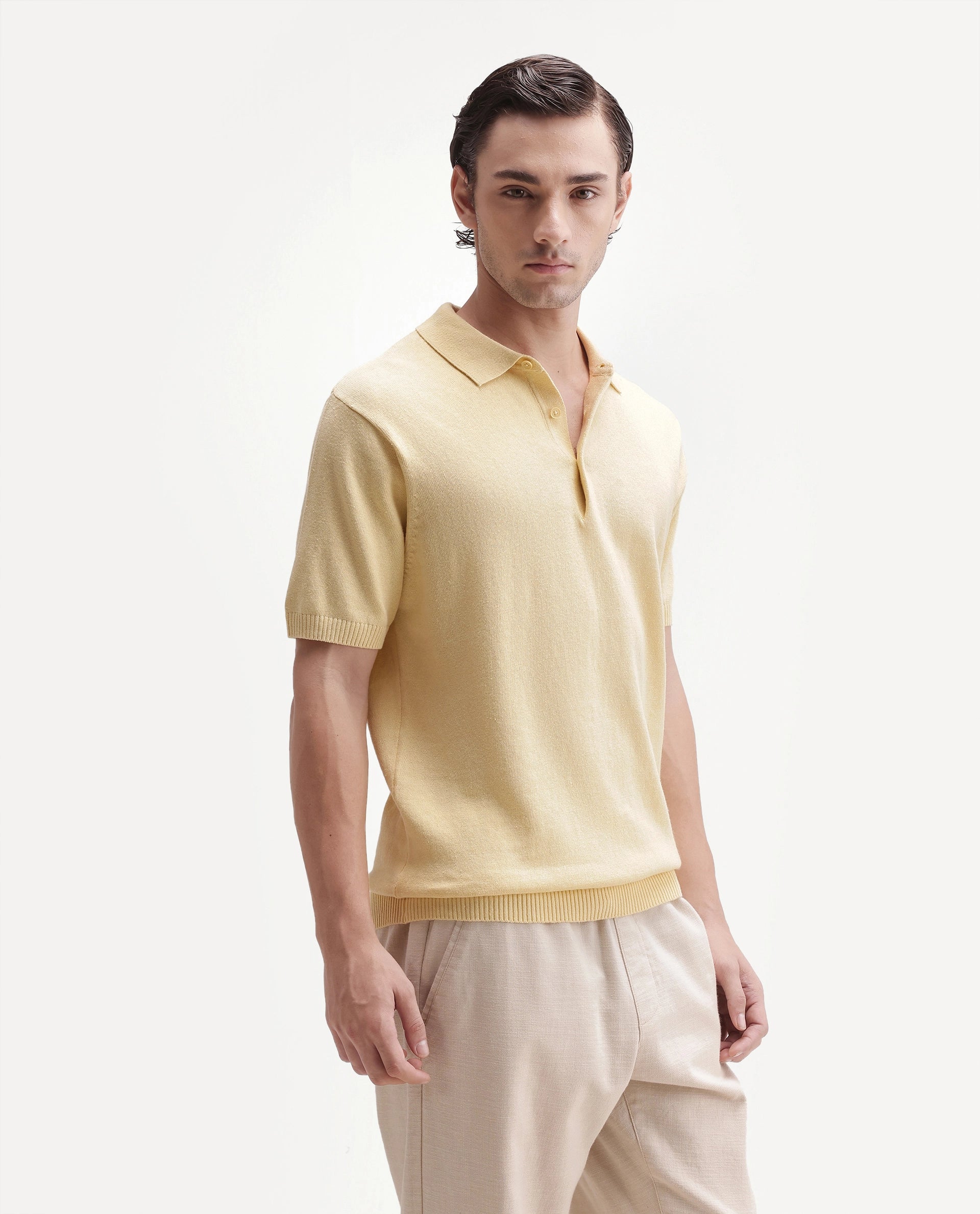 Rare Rabbit Men's Linok Light Yellow Linen Blend Spread Collar Button Regular Plain Polo