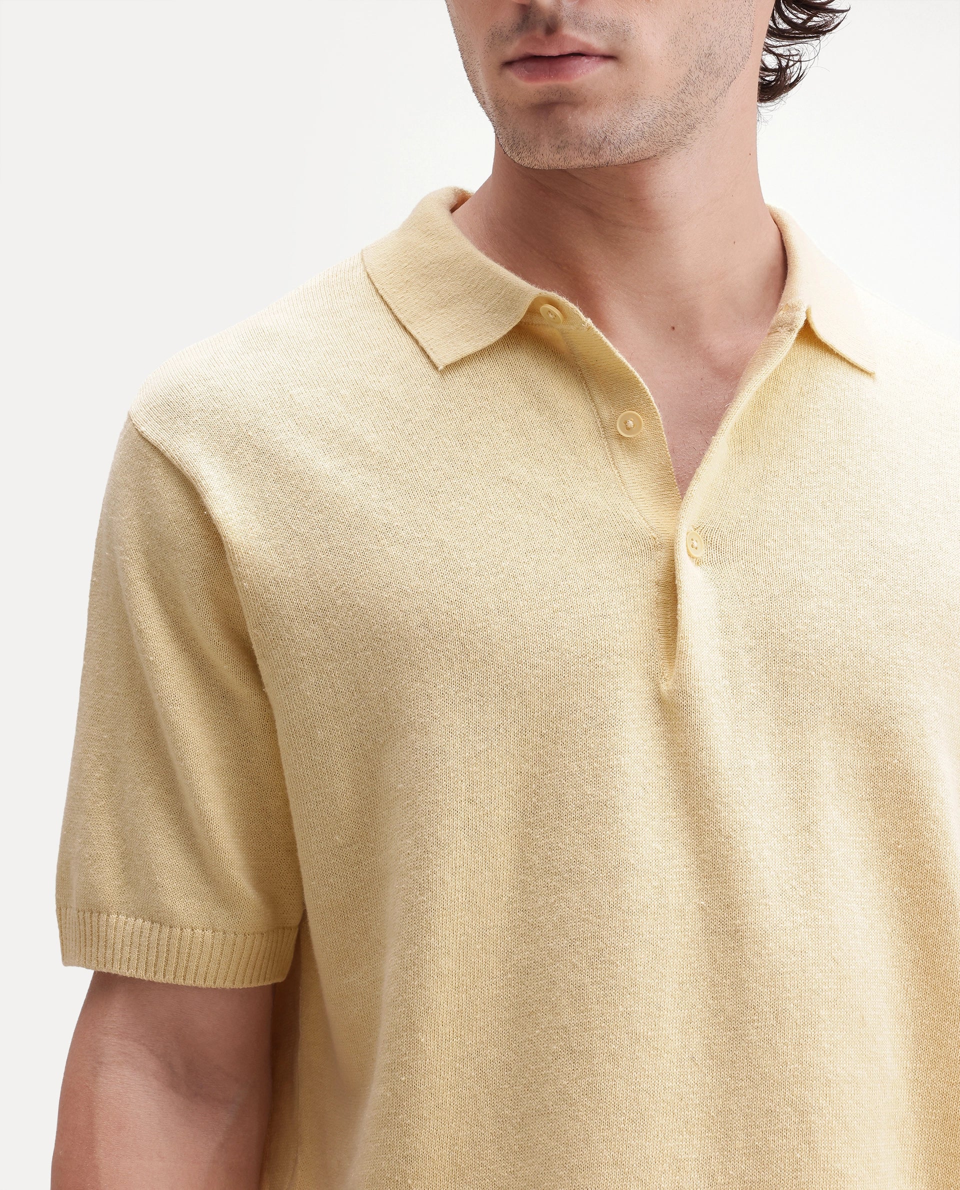 Rare Rabbit Men's Linok Light Yellow Linen Blend Spread Collar Button Regular Plain Polo