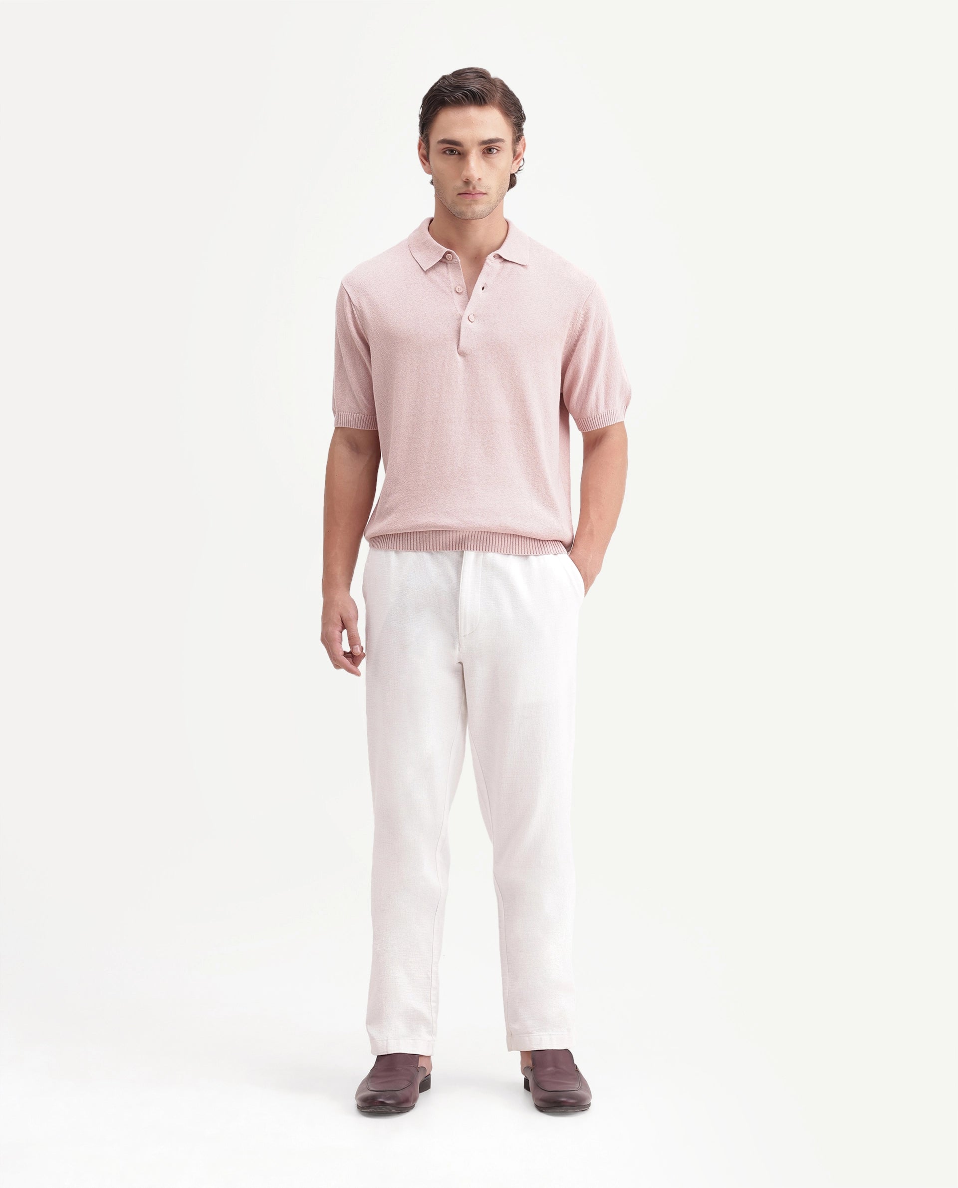 Rare Rabbit Men's Linok Light Pink Linen Blend Spread Collar Button Regular Plain Polo