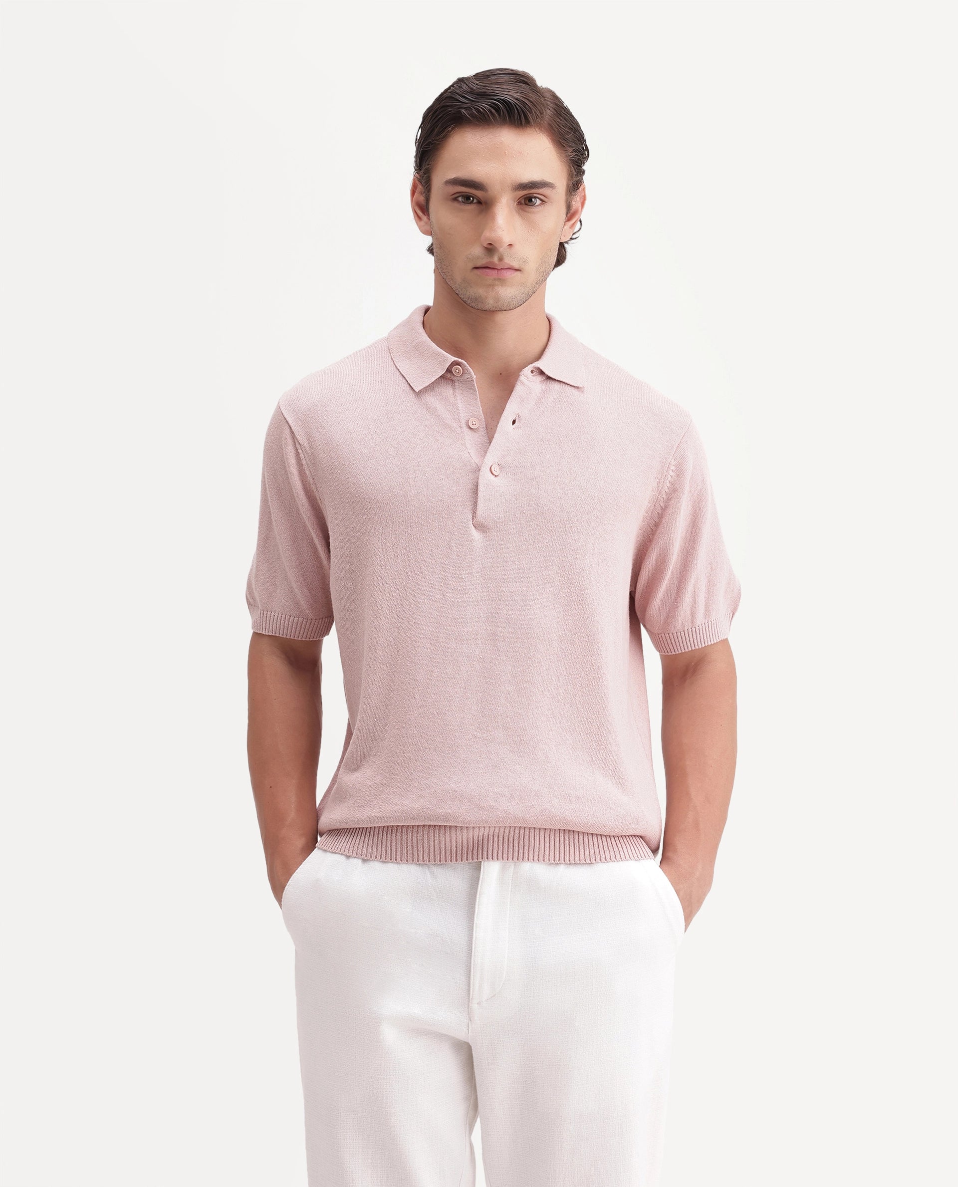 Rare Rabbit Men's Linok Light Pink Linen Blend Spread Collar Button Regular Plain Polo