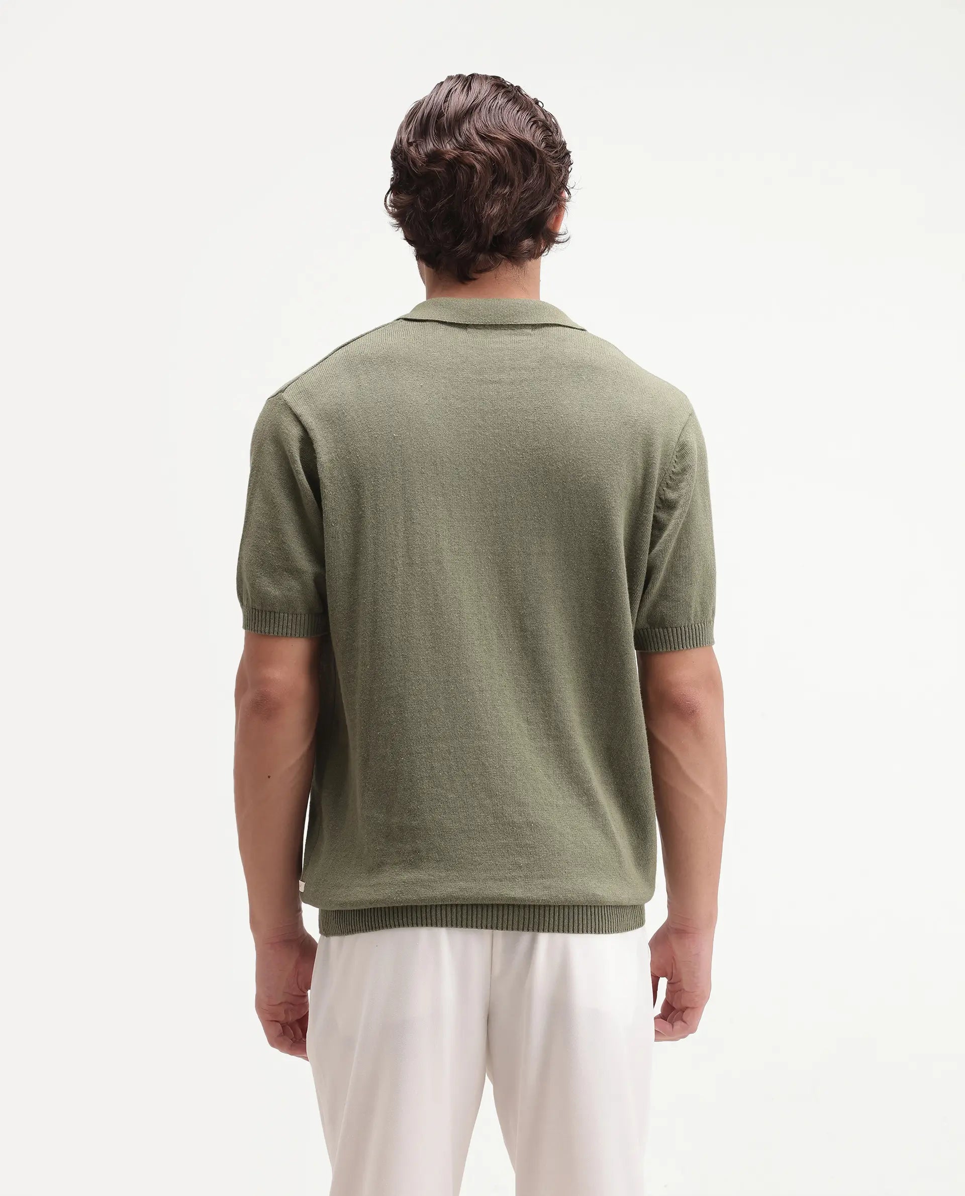 Rare Rabbit Men's Linok Green Linen Blend Spread Collar Button Regular Plain Polo