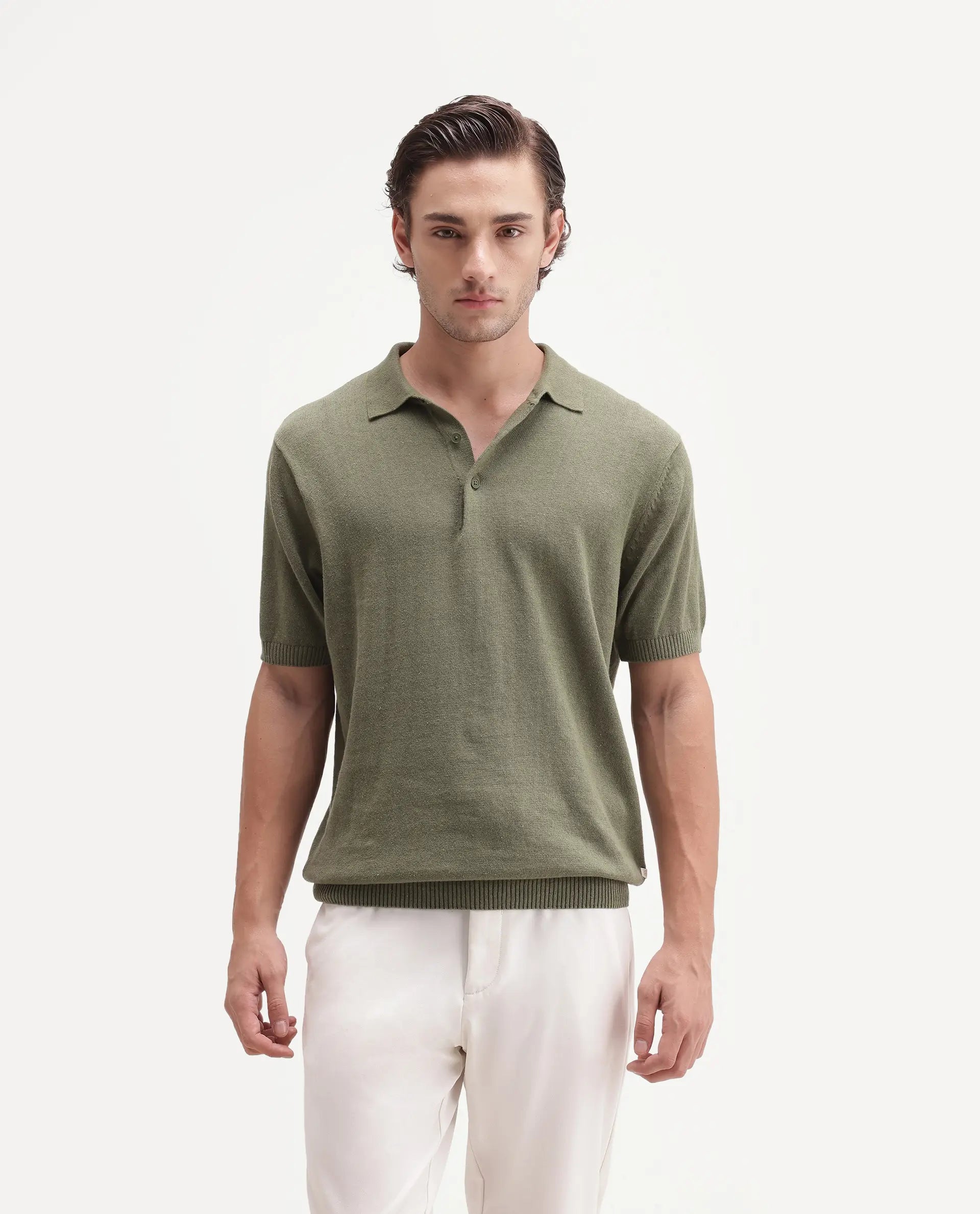 Rare Rabbit Men's Linok Green Linen Blend Spread Collar Button Regular Plain Polo