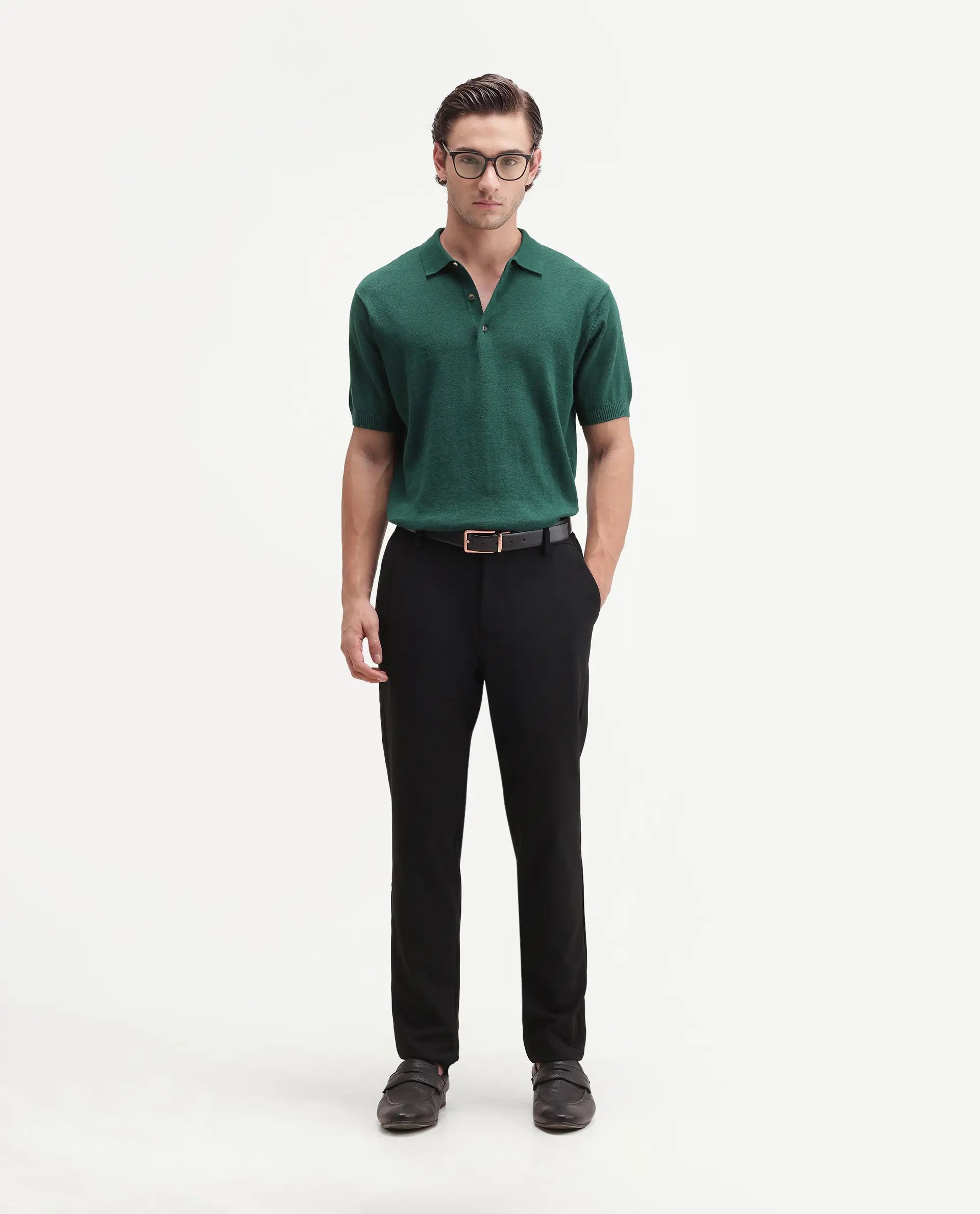 Rare Rabbit Men's Linop Dark Green Linen Blend Spread Collar Button Regular Plain Polo