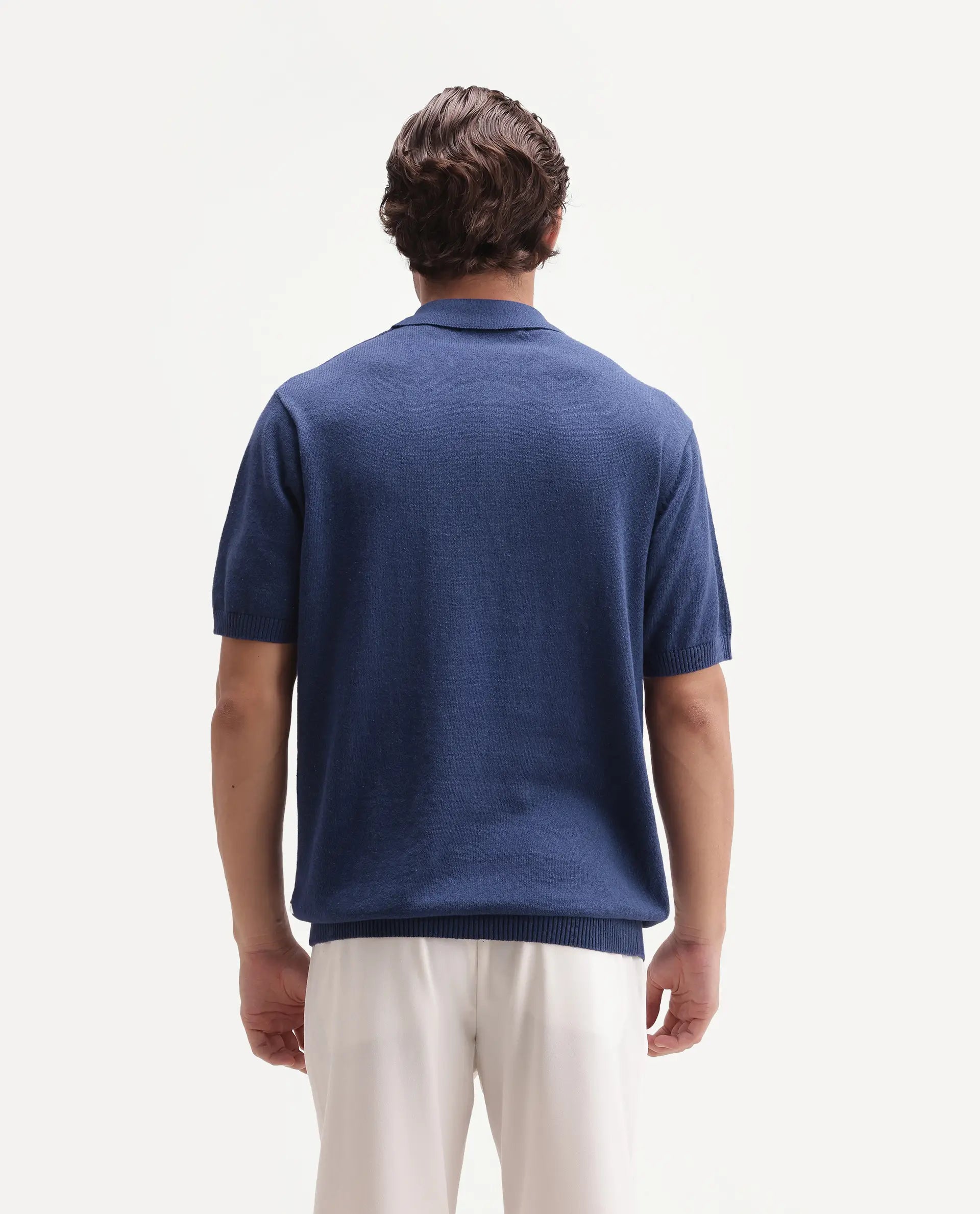 Rare Rabbit Men's Linop Dark Blue Linen Blend Spread Collar Button Regular Plain Polo