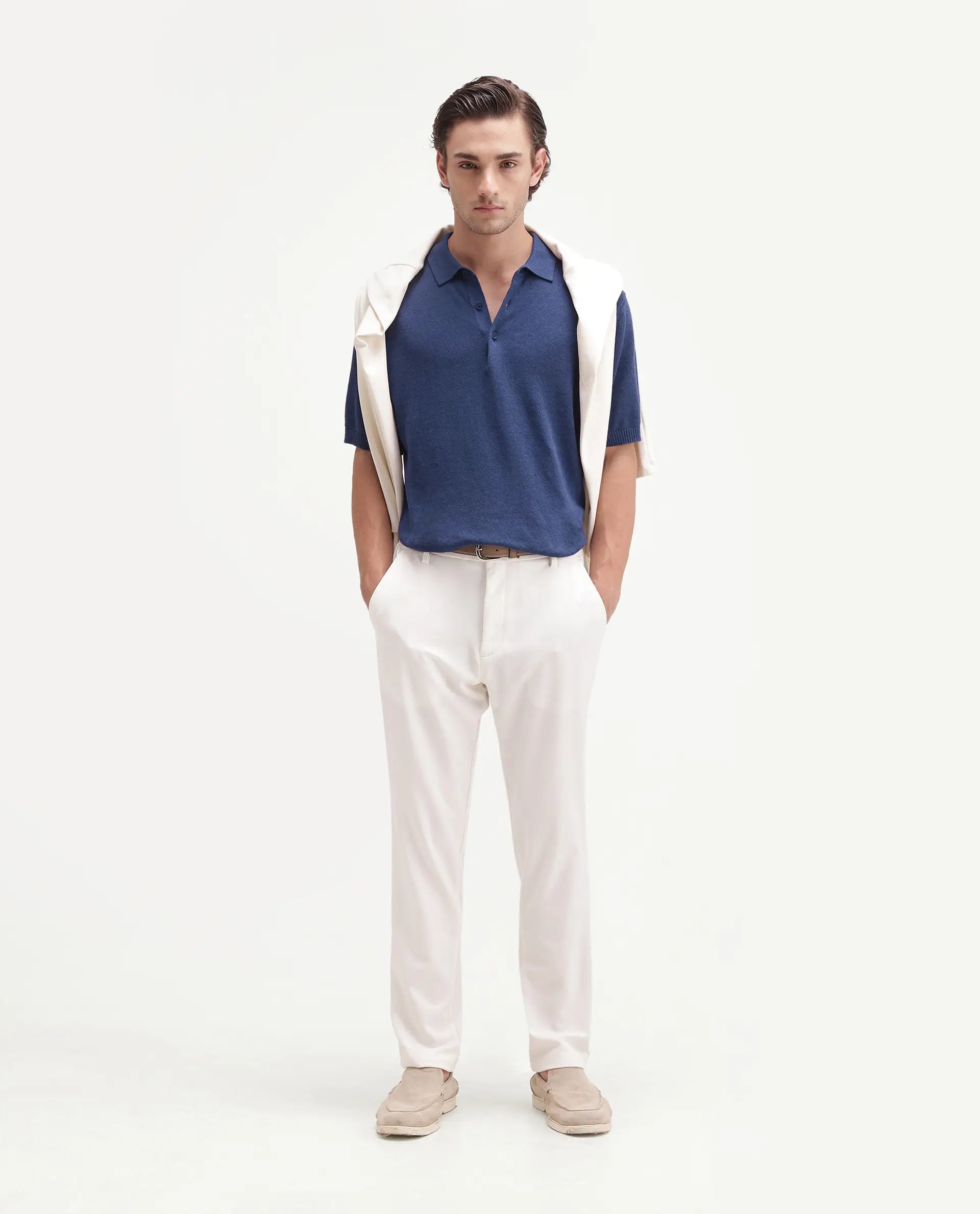 Rare Rabbit Men's Linop Dark Blue Linen Blend Spread Collar Button Regular Plain Polo
