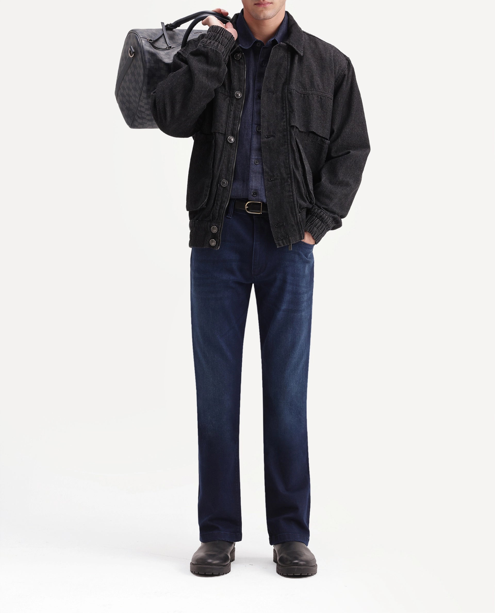 Rare Rabbit Men's Slig Dark Blue Cotton Blend Knox Bootcut Plain Jeans