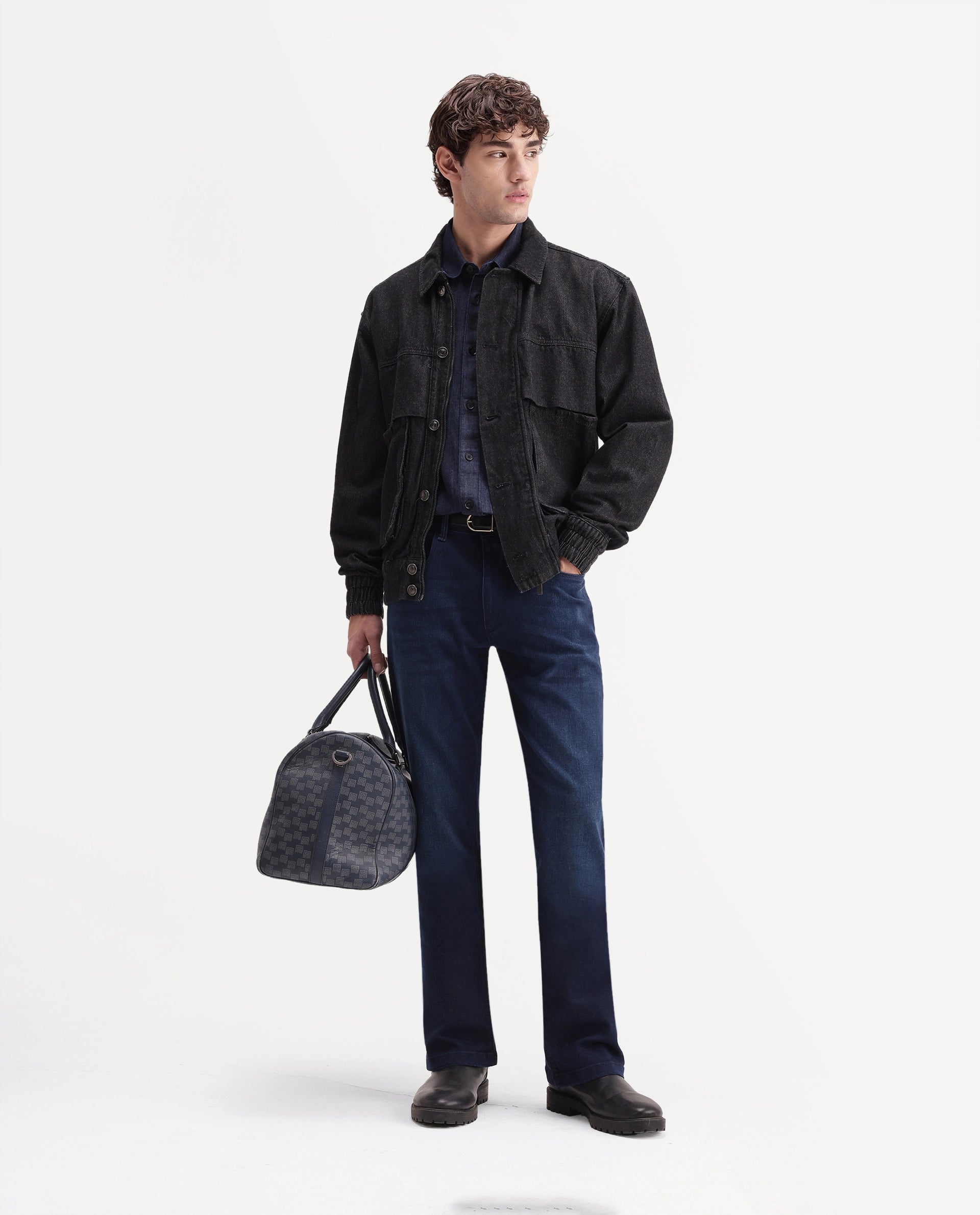 Rare Rabbit Men's Slig Dark Blue Cotton Blend Knox Bootcut Plain Jeans