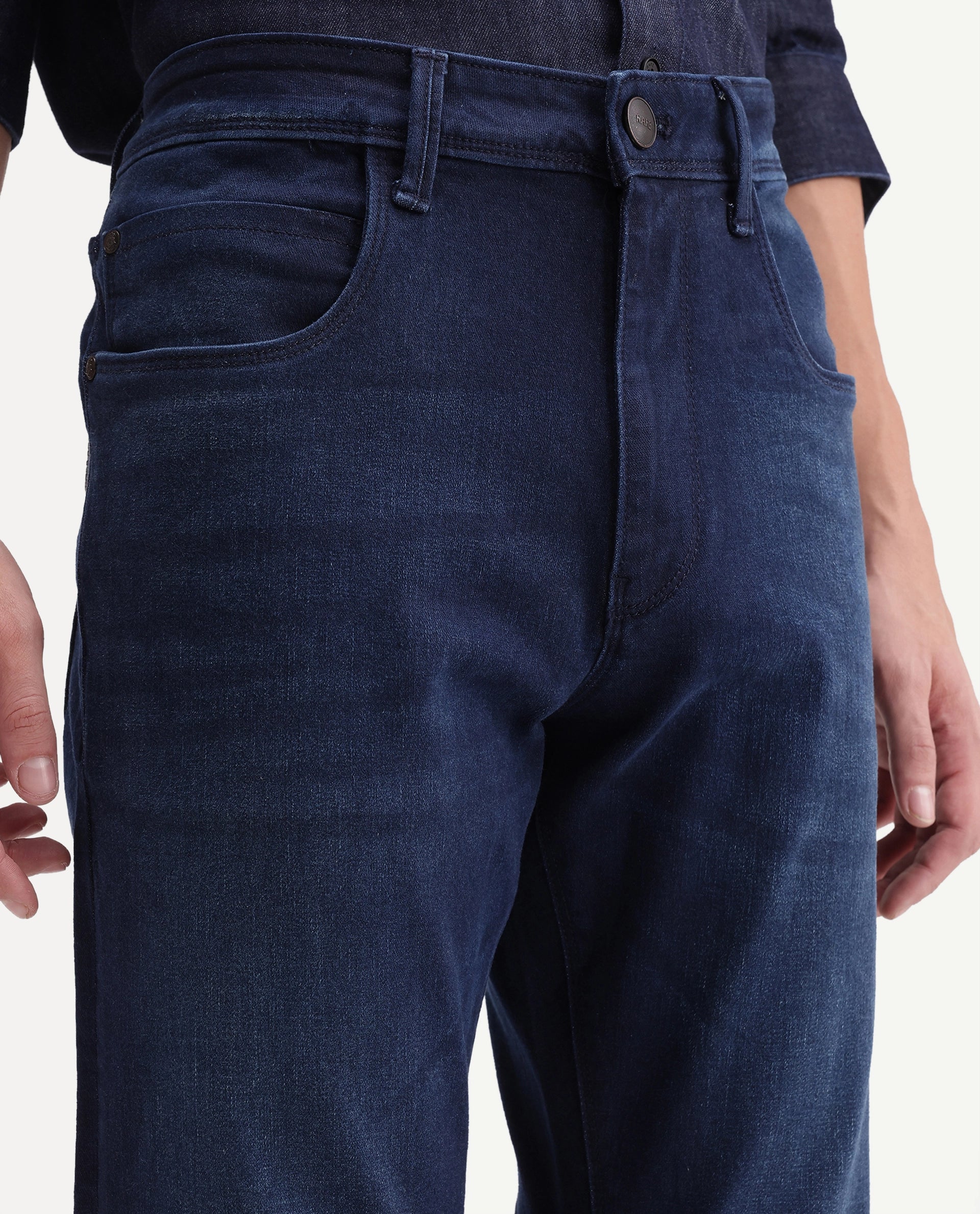 Rare Rabbit Men's Slig Dark Blue Cotton Blend Knox Bootcut Plain Jeans