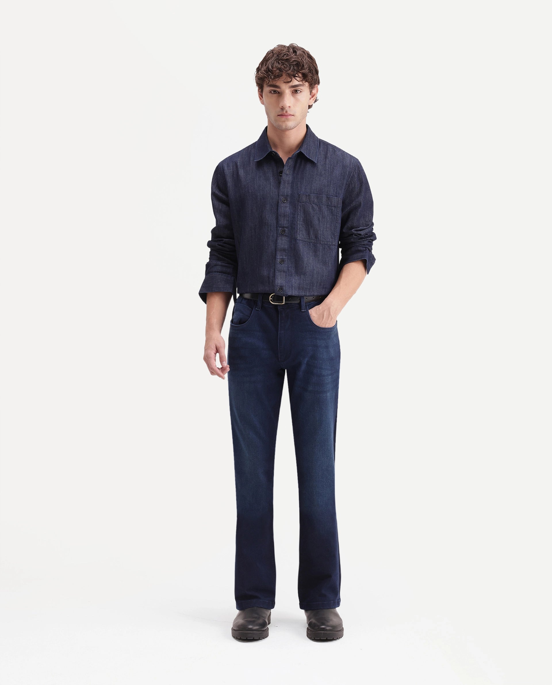 Rare Rabbit Men's Slig Dark Blue Cotton Blend Knox Bootcut Plain Jeans