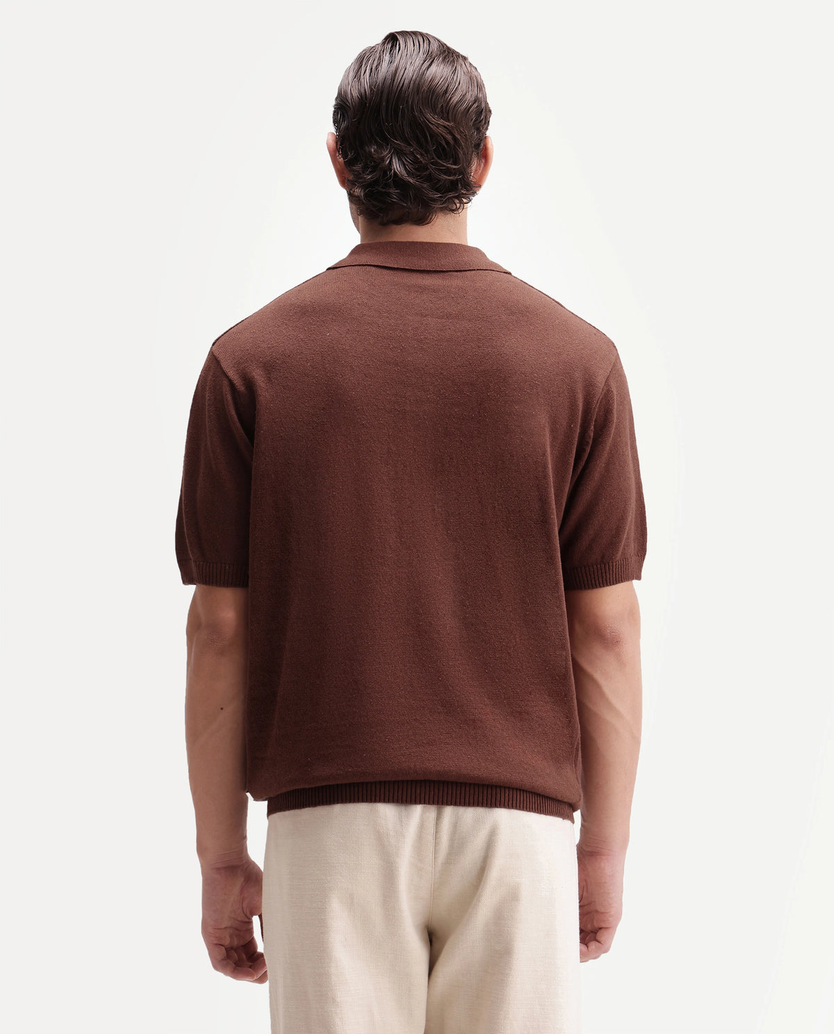 Rare Rabbit Men's Linop Brown Linen Blend Spread Collar Button Regular Plain Polo