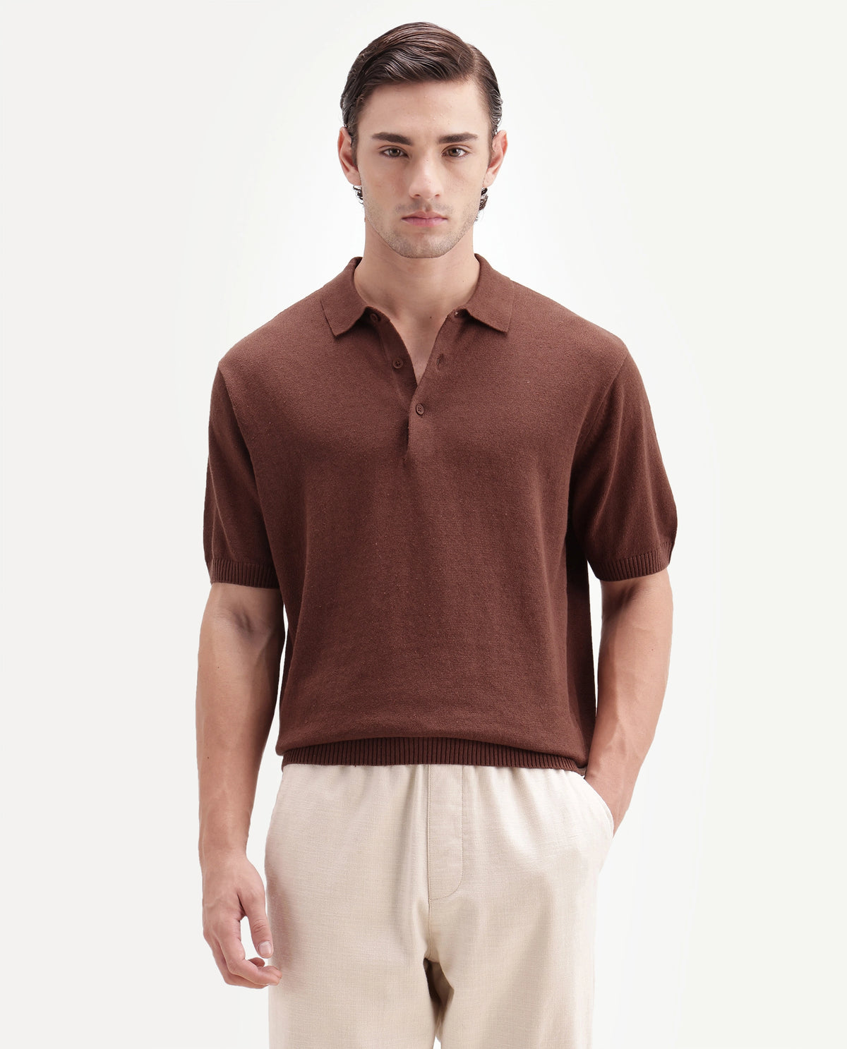 Rare Rabbit Men's Linop Brown Linen Blend Spread Collar Button Regular Plain Polo