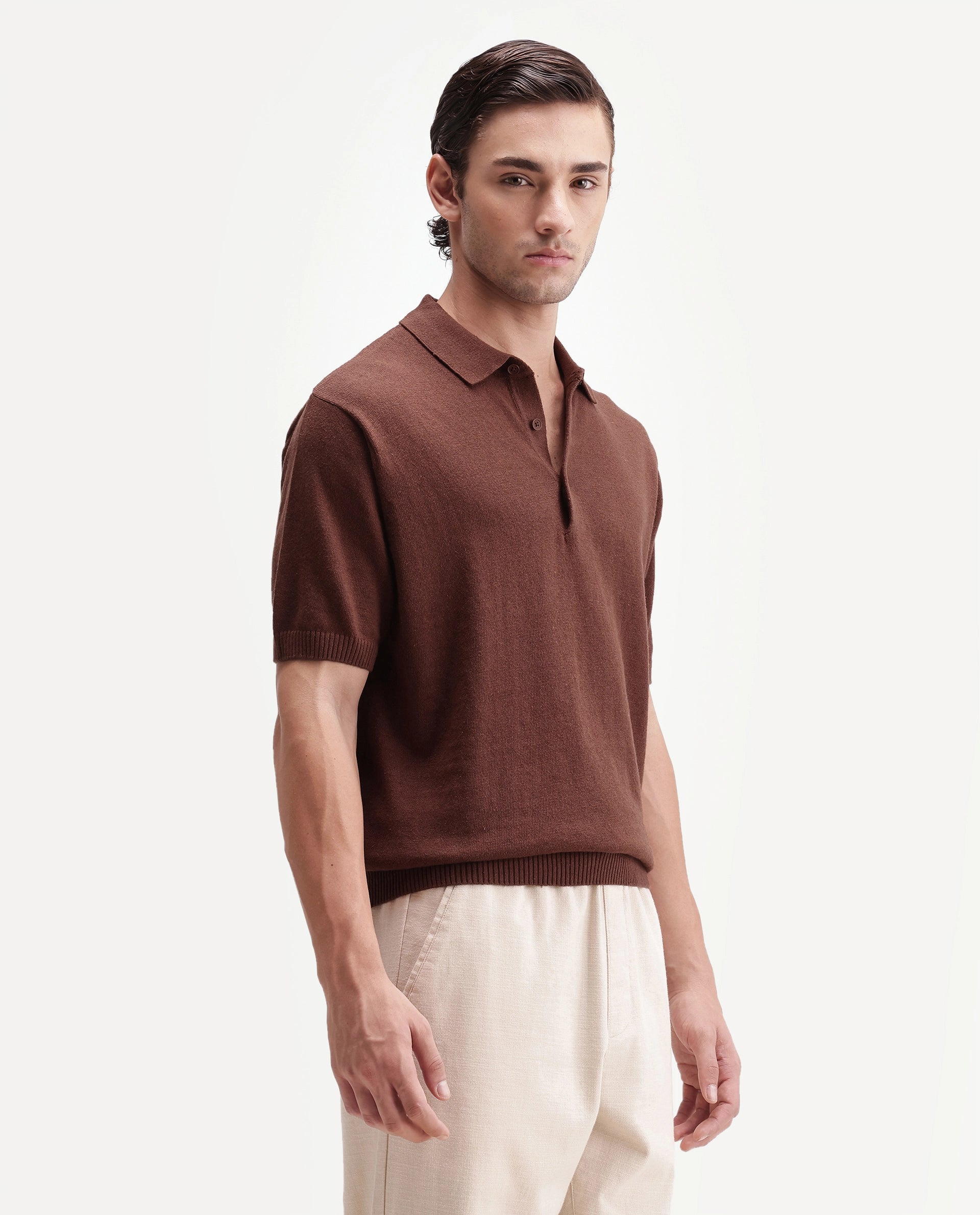 Rare Rabbit Men's Linop Brown Linen Blend Spread Collar Button Regular Plain Polo