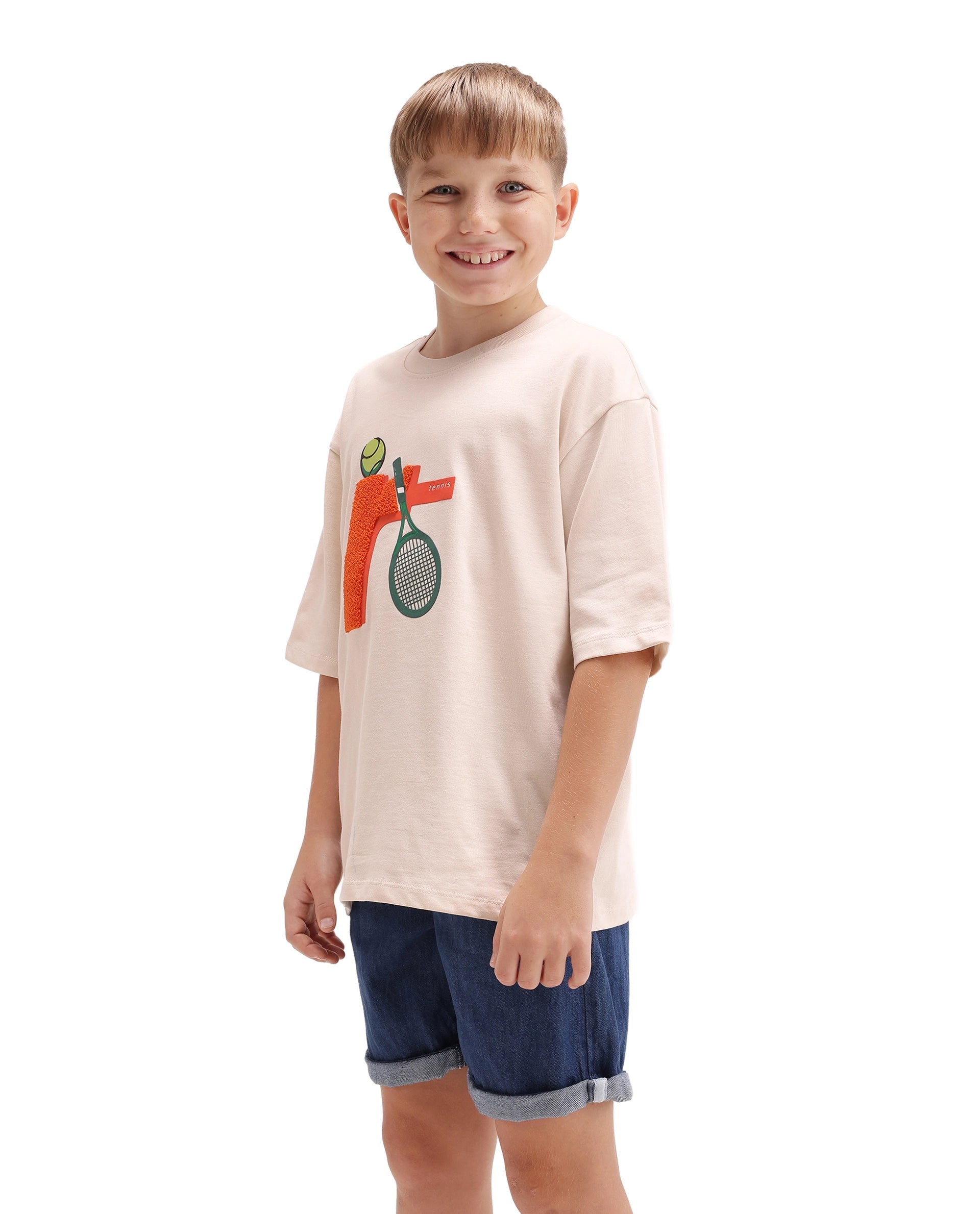 Rare Ones Kids Tenn Light Beige Cotton Fabric Pull-On Closure Oversized Graphic Print T-Shirt