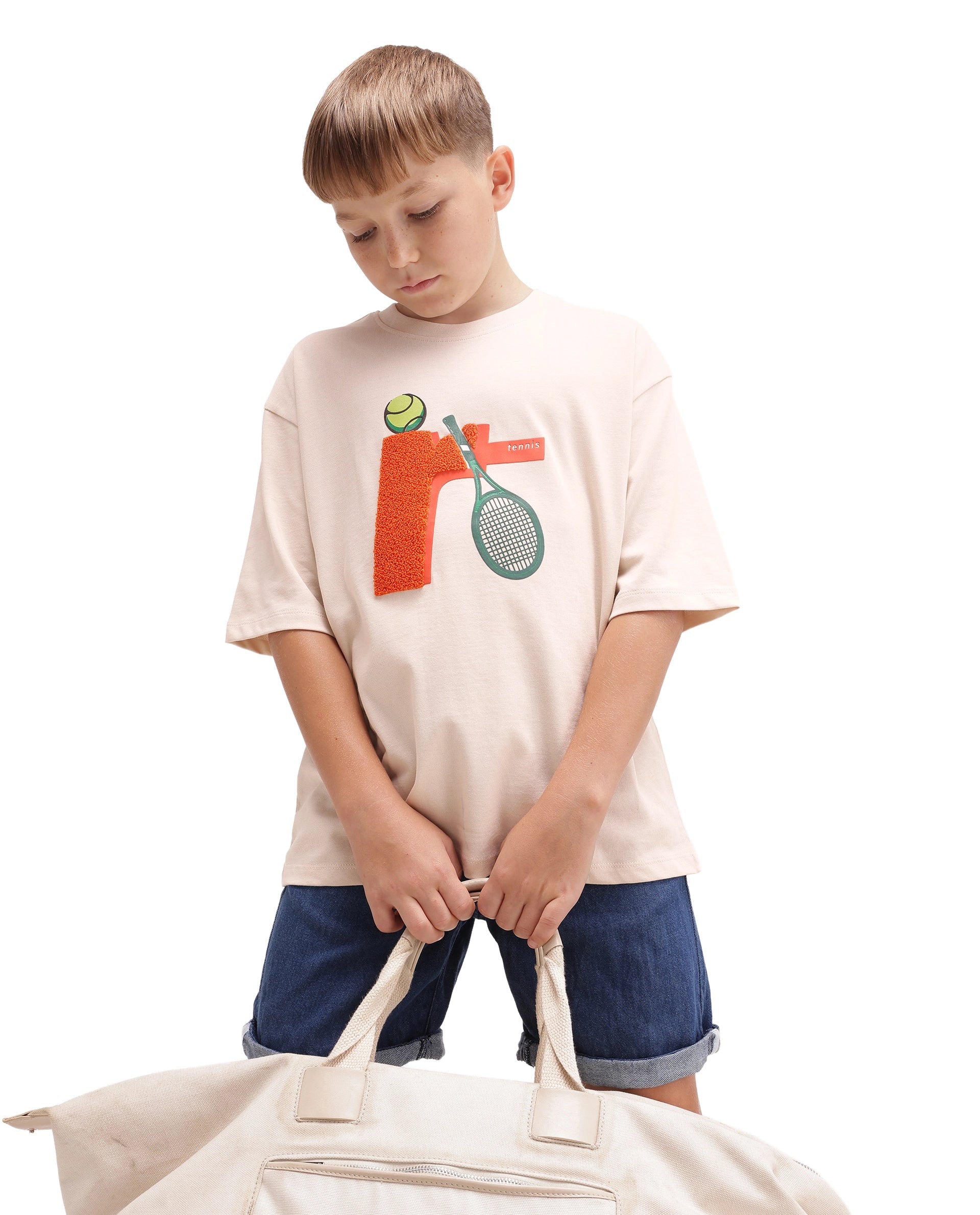 Rare Ones Kids Tenn Light Beige Cotton Fabric Pull-On Closure Oversized Graphic Print T-Shirt