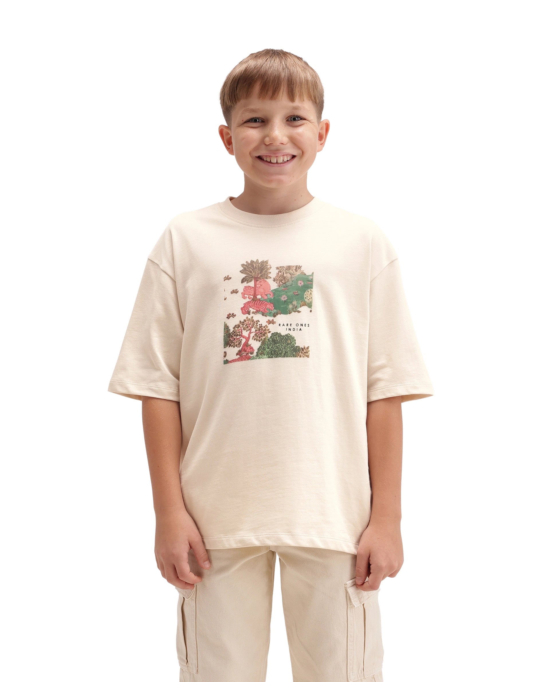 Rare Ones Kids Tanz-K Light Beige Cotton Fabric Pull-On Closure Oversized Graphic Print T-Shirt