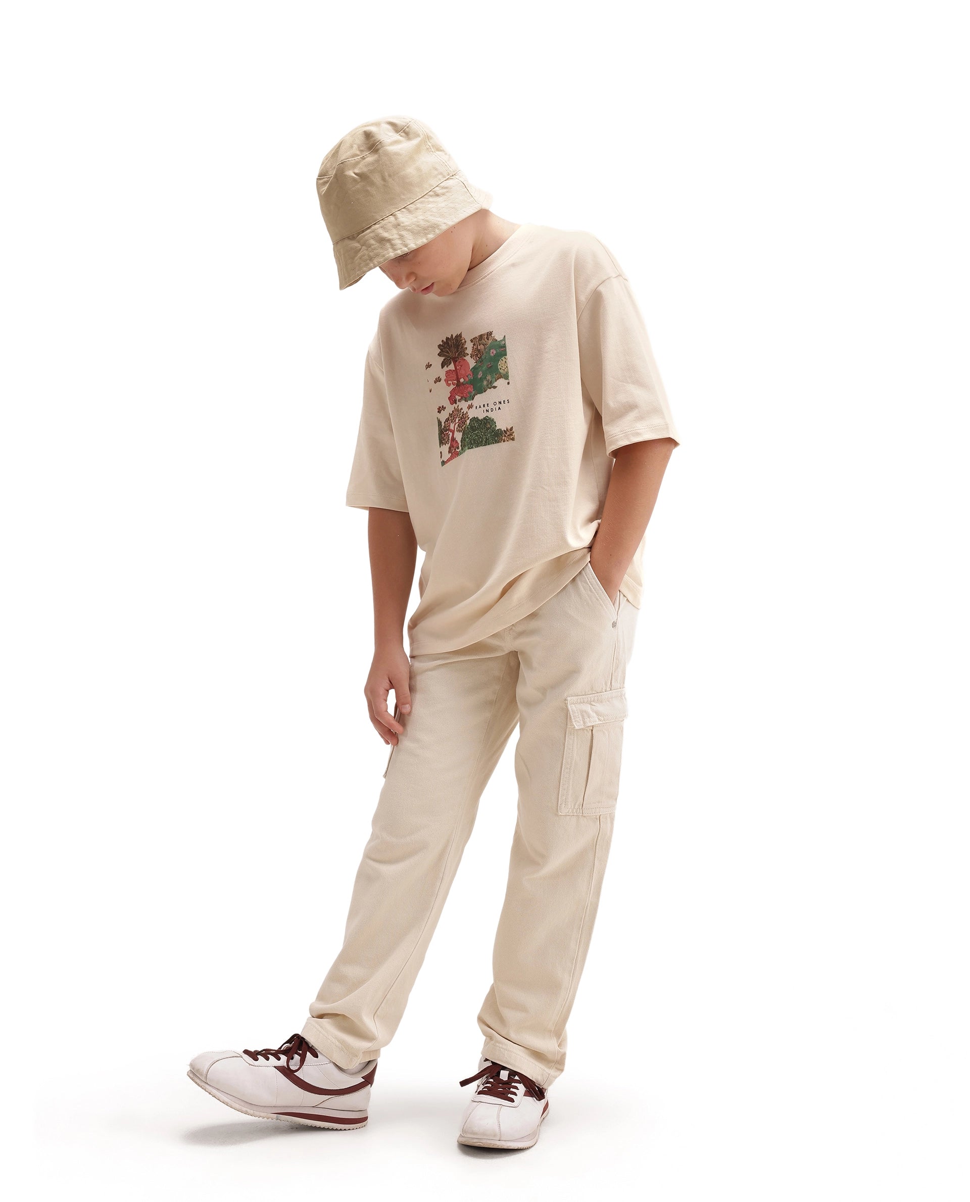 Rare Ones Kids Tanz-K Light Beige Cotton Fabric Pull-On Closure Oversized Graphic Print T-Shirt