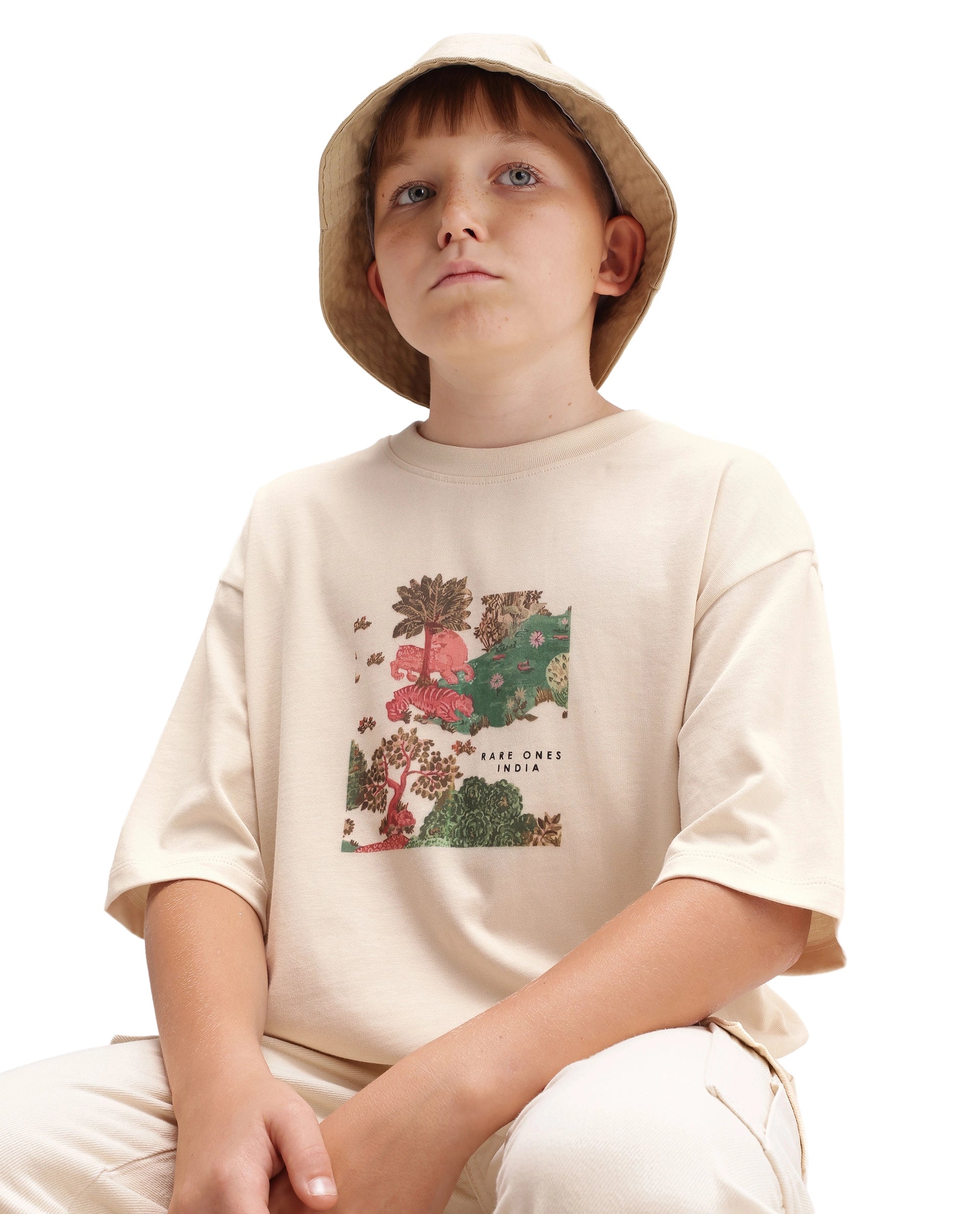 Rare Ones Kids Tanz-K Light Beige Cotton Fabric Pull-On Closure Oversized Graphic Print T-Shirt