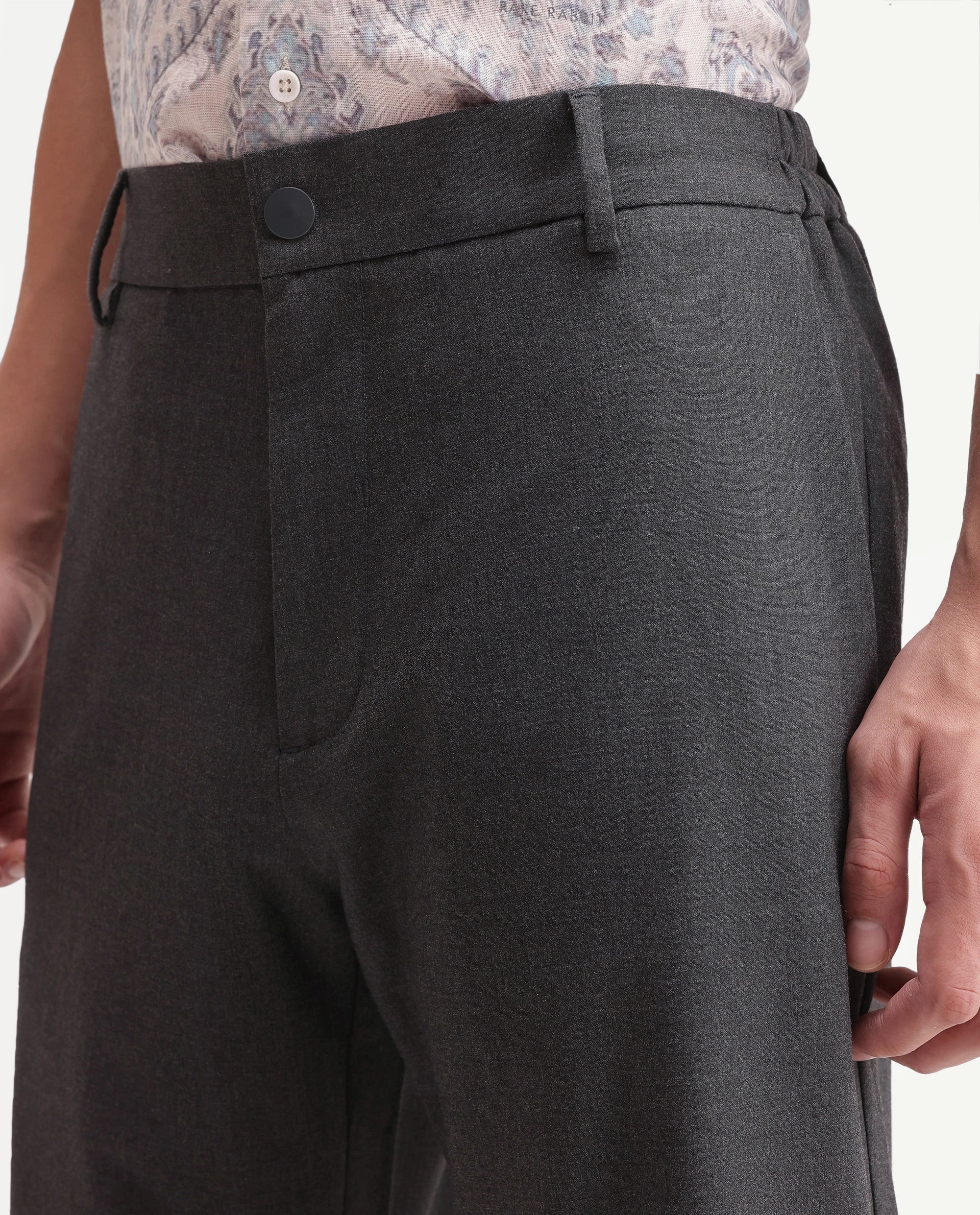 Rare Rabbit Men's Travel-Uw-Aw26 Grey Polyester Blend Button And Zip Regular Plain Trouser