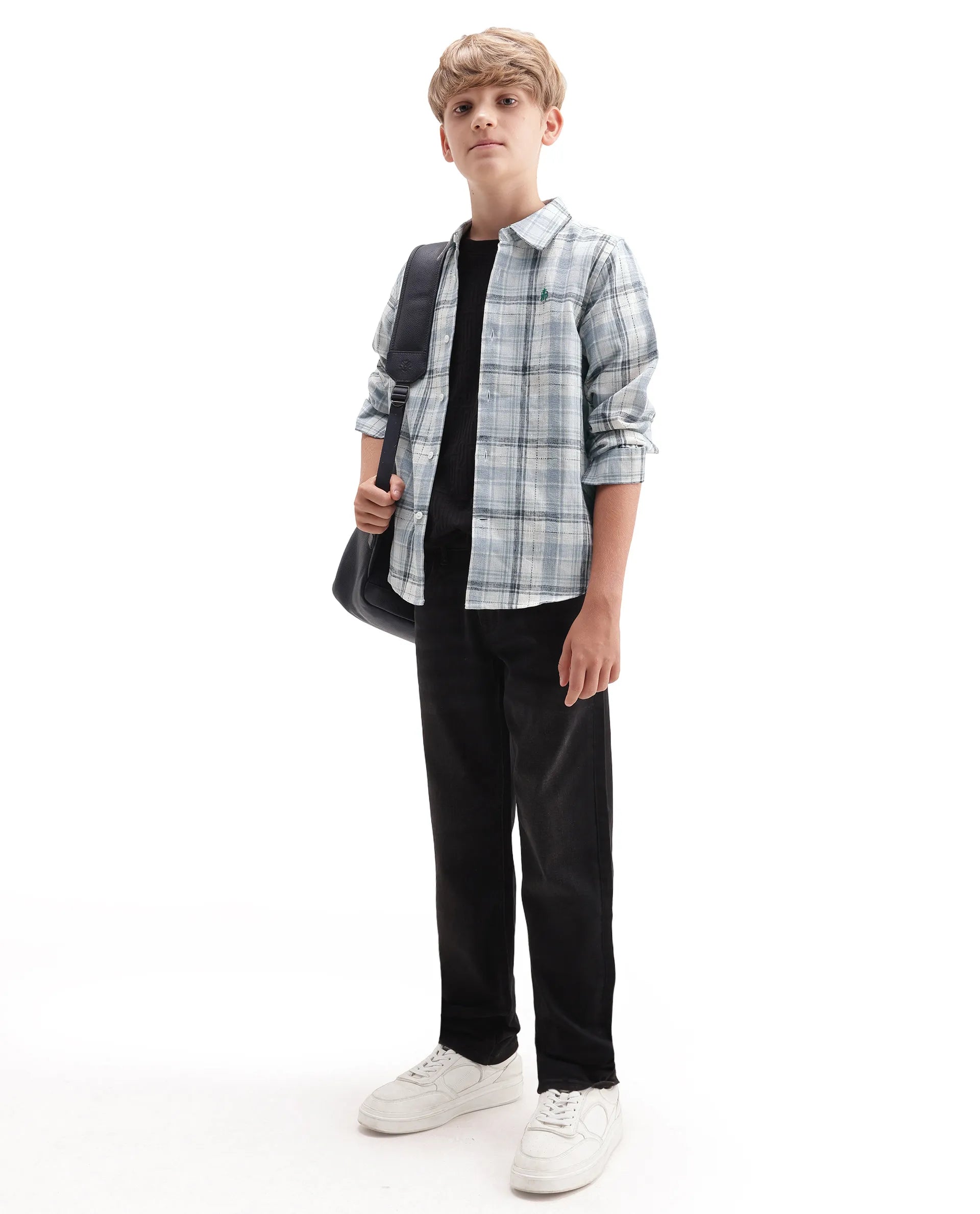 Rare Ones Kids Dean Dusky Blue Polyester Blend Fabric Button Closure Regular Fit Checkered Shirt