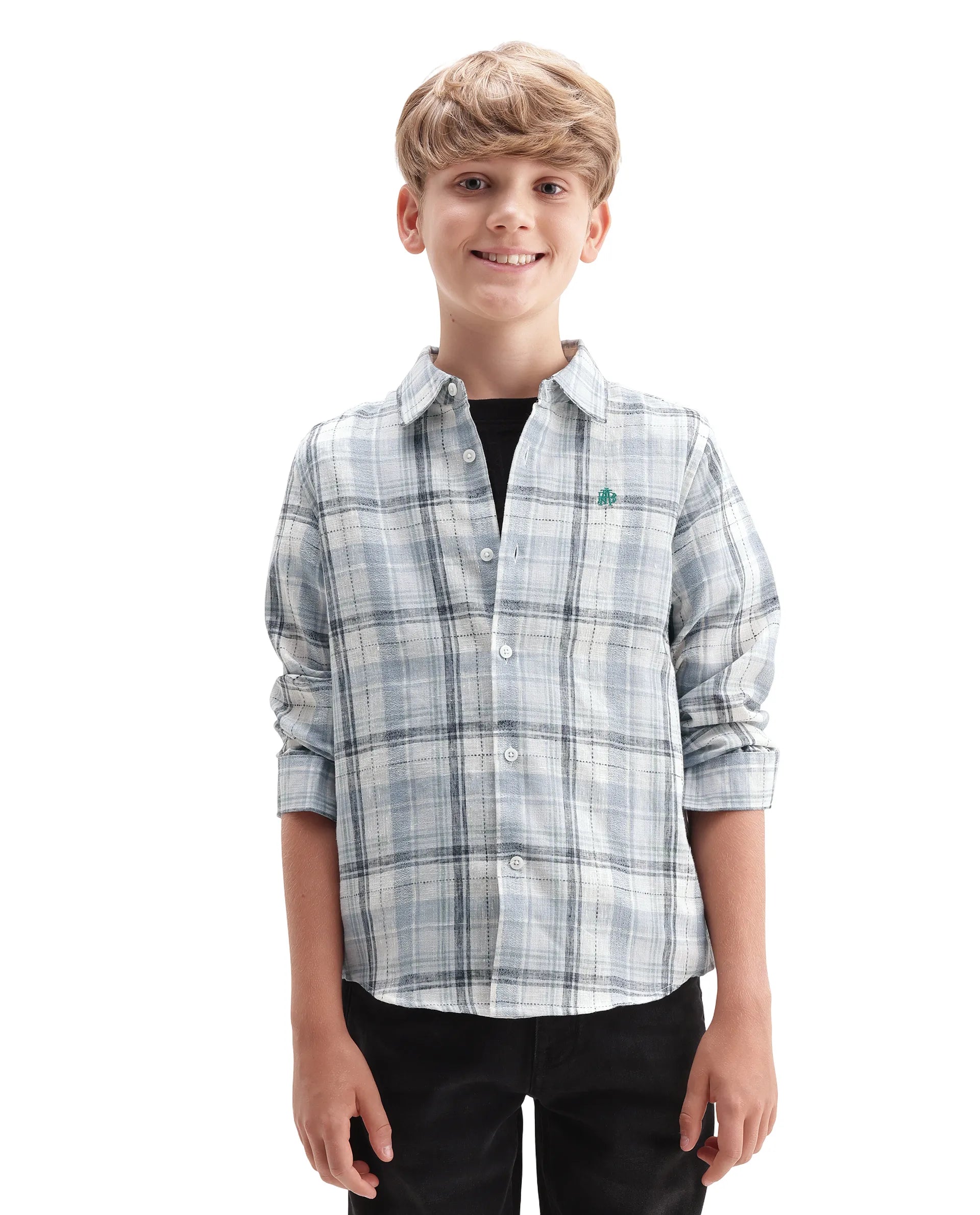 Rare Ones Kids Dean Dusky Blue Polyester Blend Fabric Button Closure Regular Fit Checkered Shirt