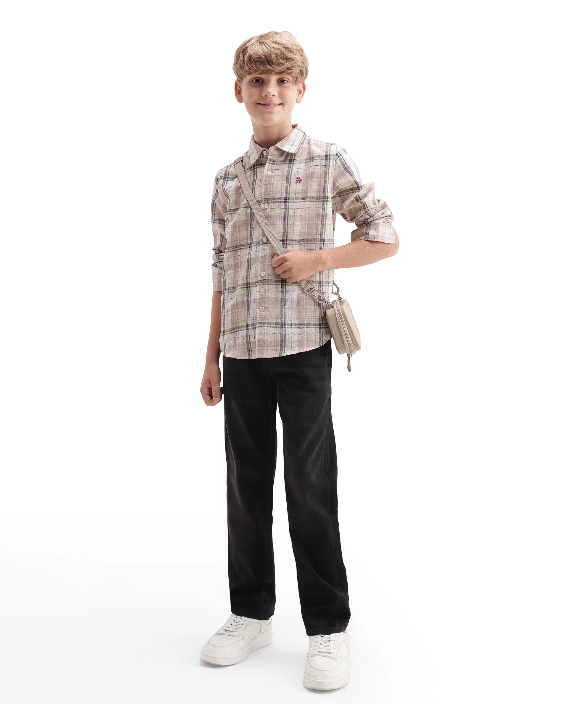 Rare Ones Kids Dean Dusky Peach Polyester Blend Fabric Button Closure Regular Fit Checkered Shirt