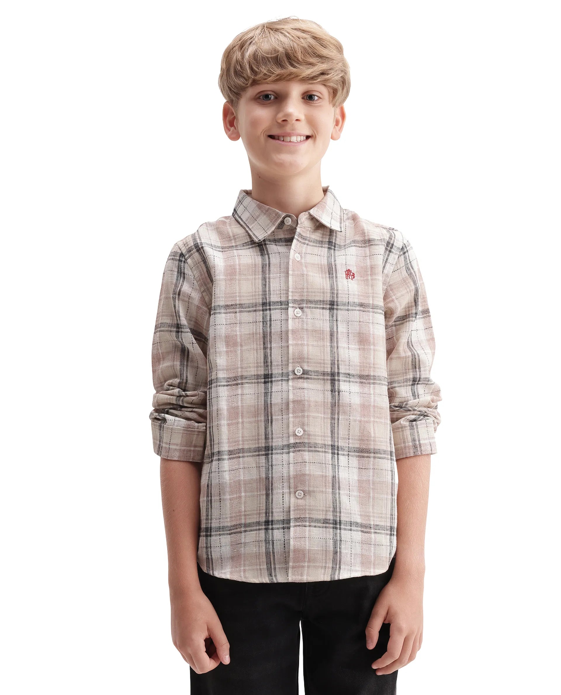 Rare Ones Kids Dean Dusky Peach Polyester Blend Fabric Button Closure Regular Fit Checkered Shirt