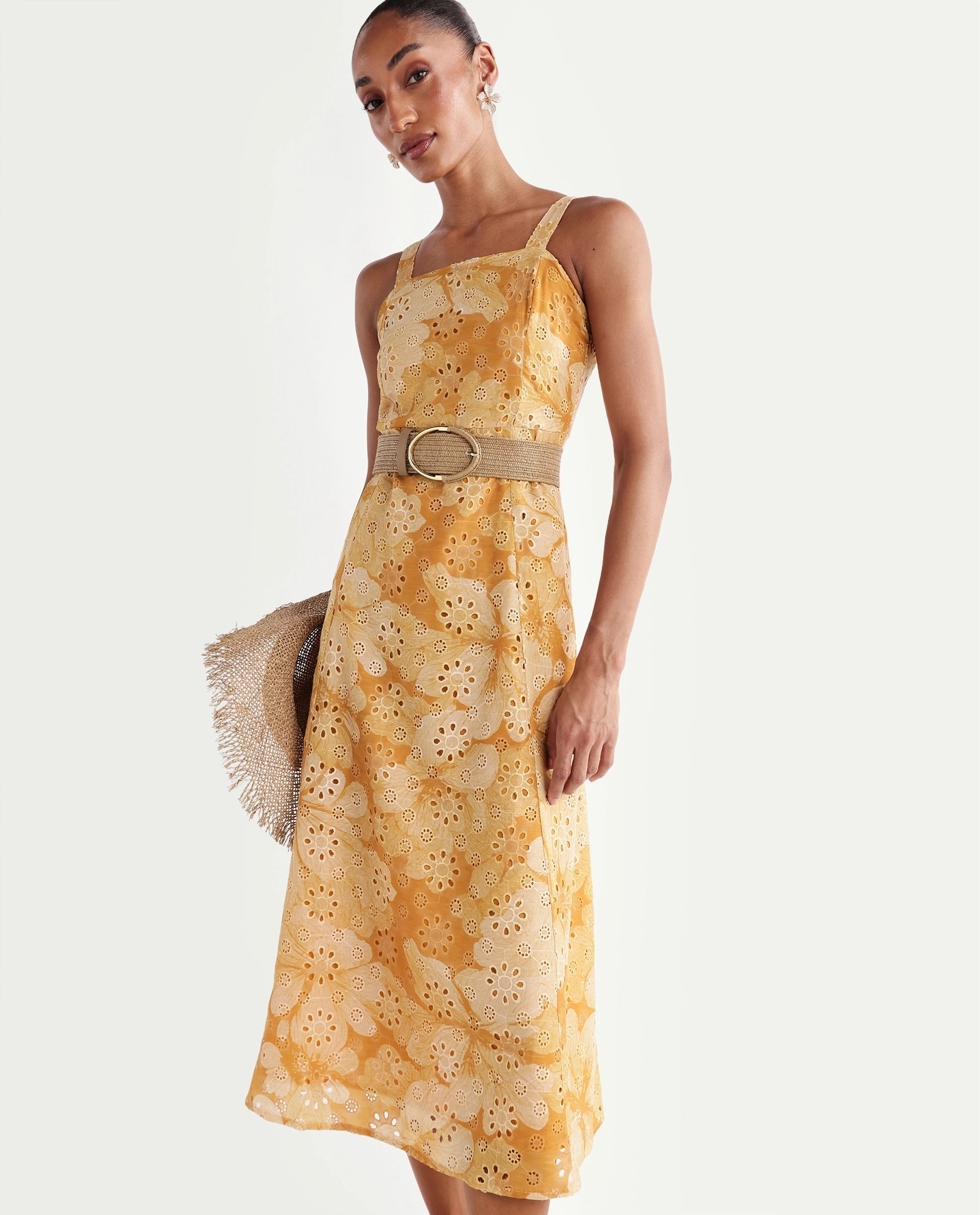 Rareism Women's Ruza Mustard Floral Cotton Blend Fit And Flare Sleeveless Dress