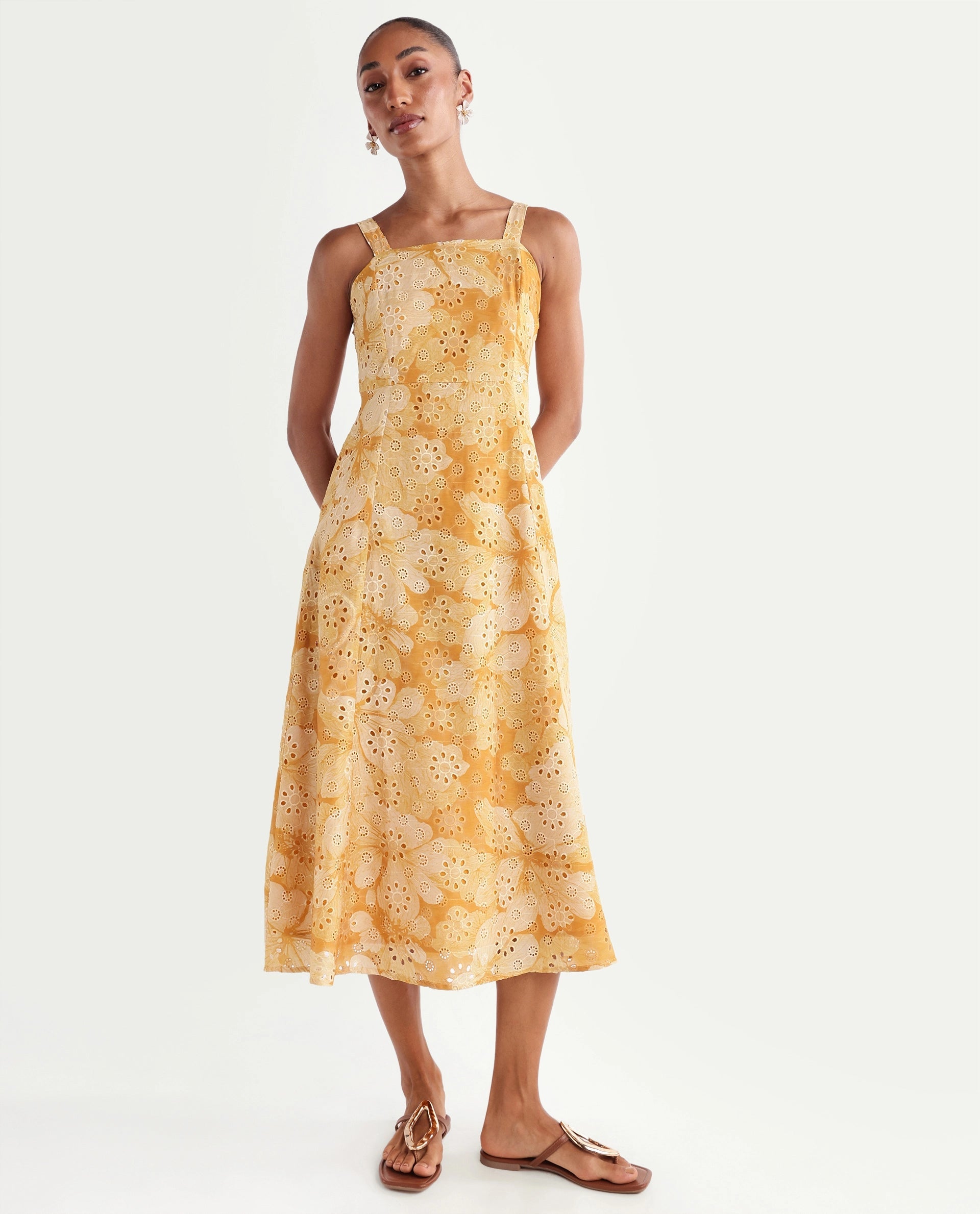 Rareism Women's Ruza Mustard Floral Cotton Blend Fit And Flare Sleeveless Dress