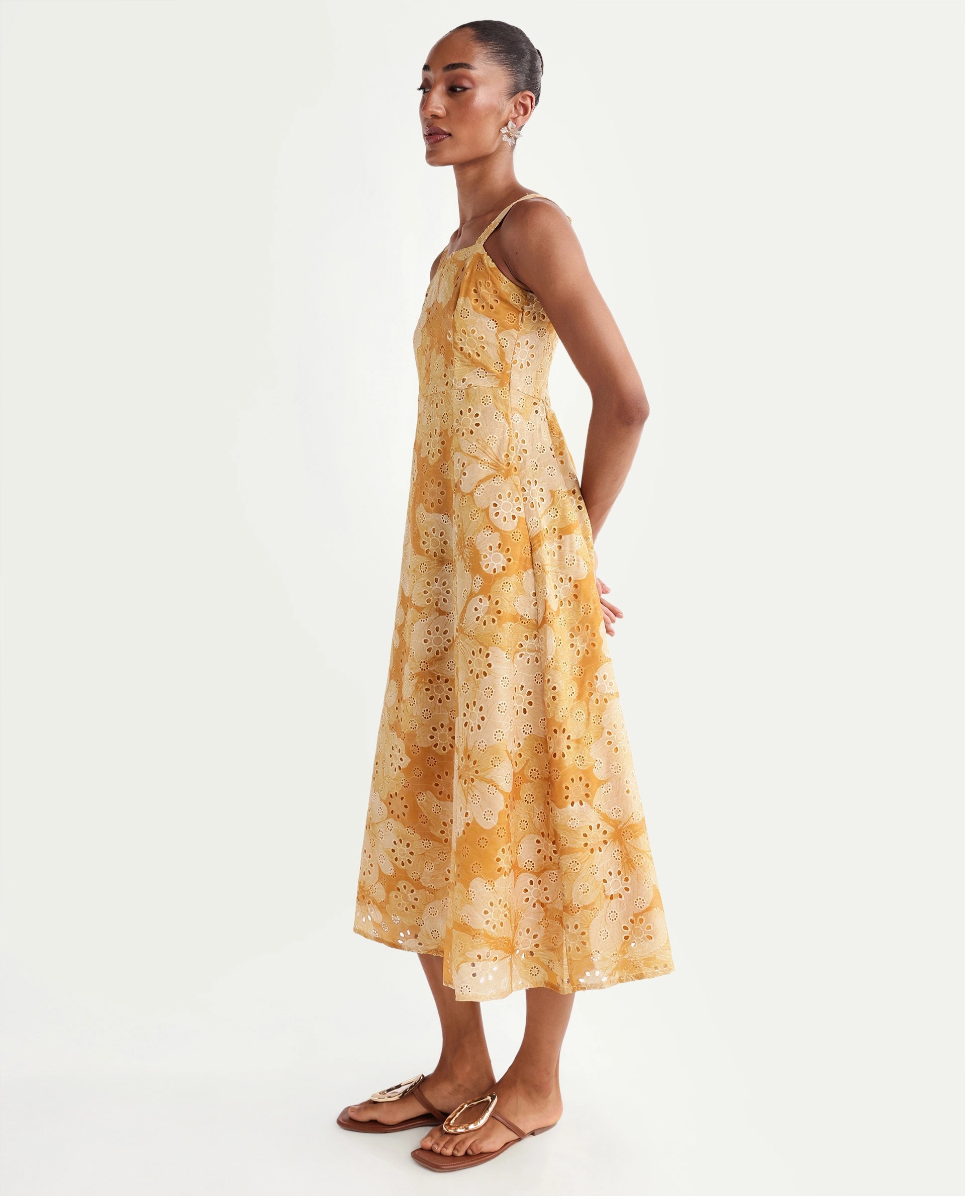 Rareism Women's Ruza Mustard Floral Cotton Blend Fit And Flare Sleeveless Dress