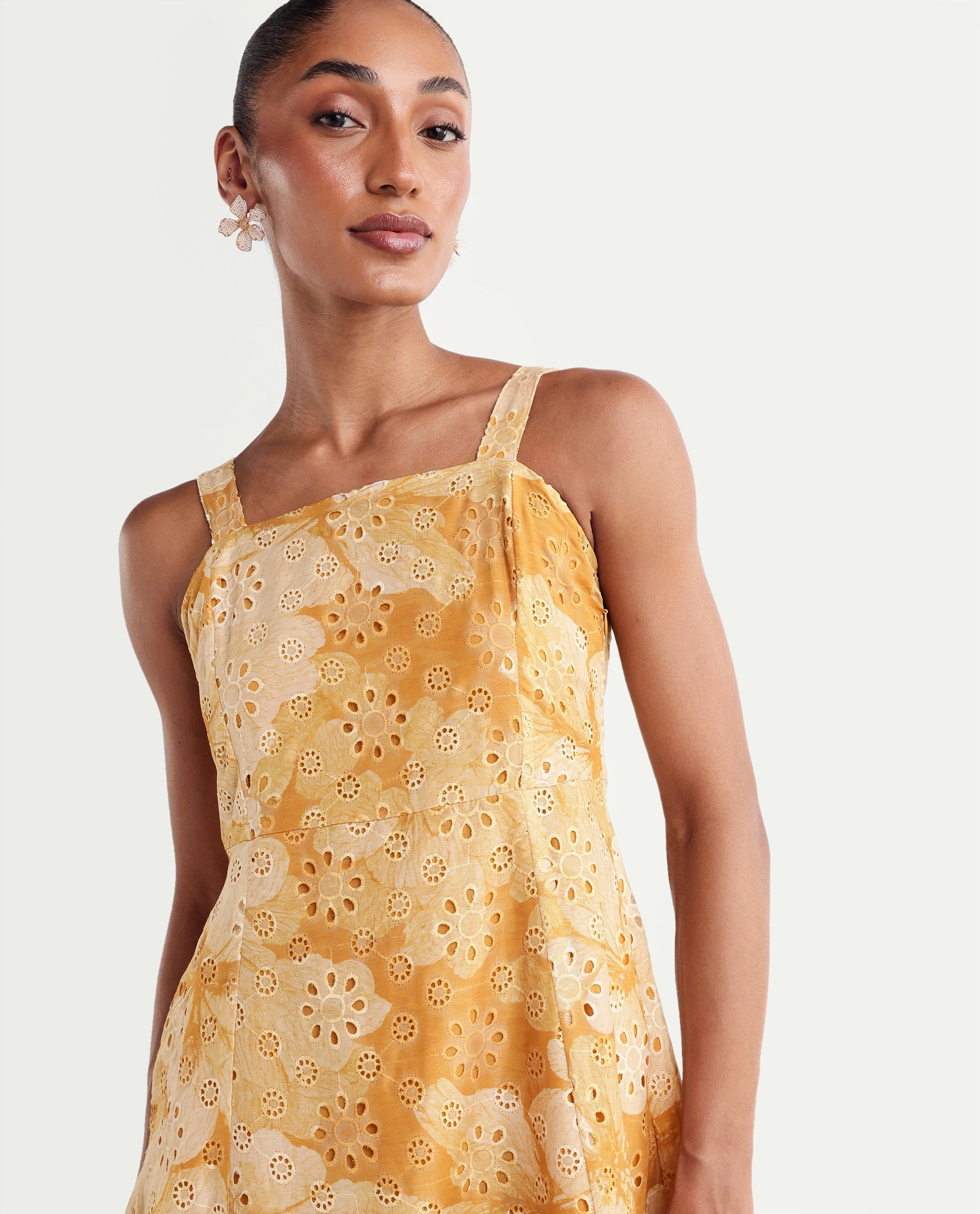 Rareism Women's Ruza Mustard Floral Cotton Blend Fit And Flare Sleeveless Dress
