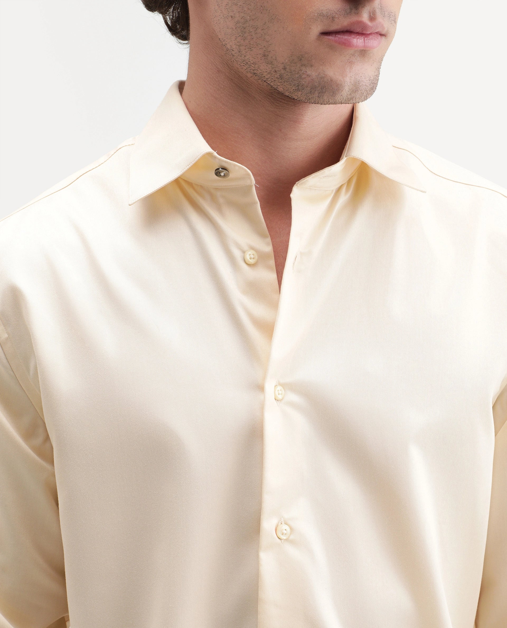 Rare Rabbit Men's Aston Light Yellow Polyester Blend Spread Collar Button Regular Plain Shirt