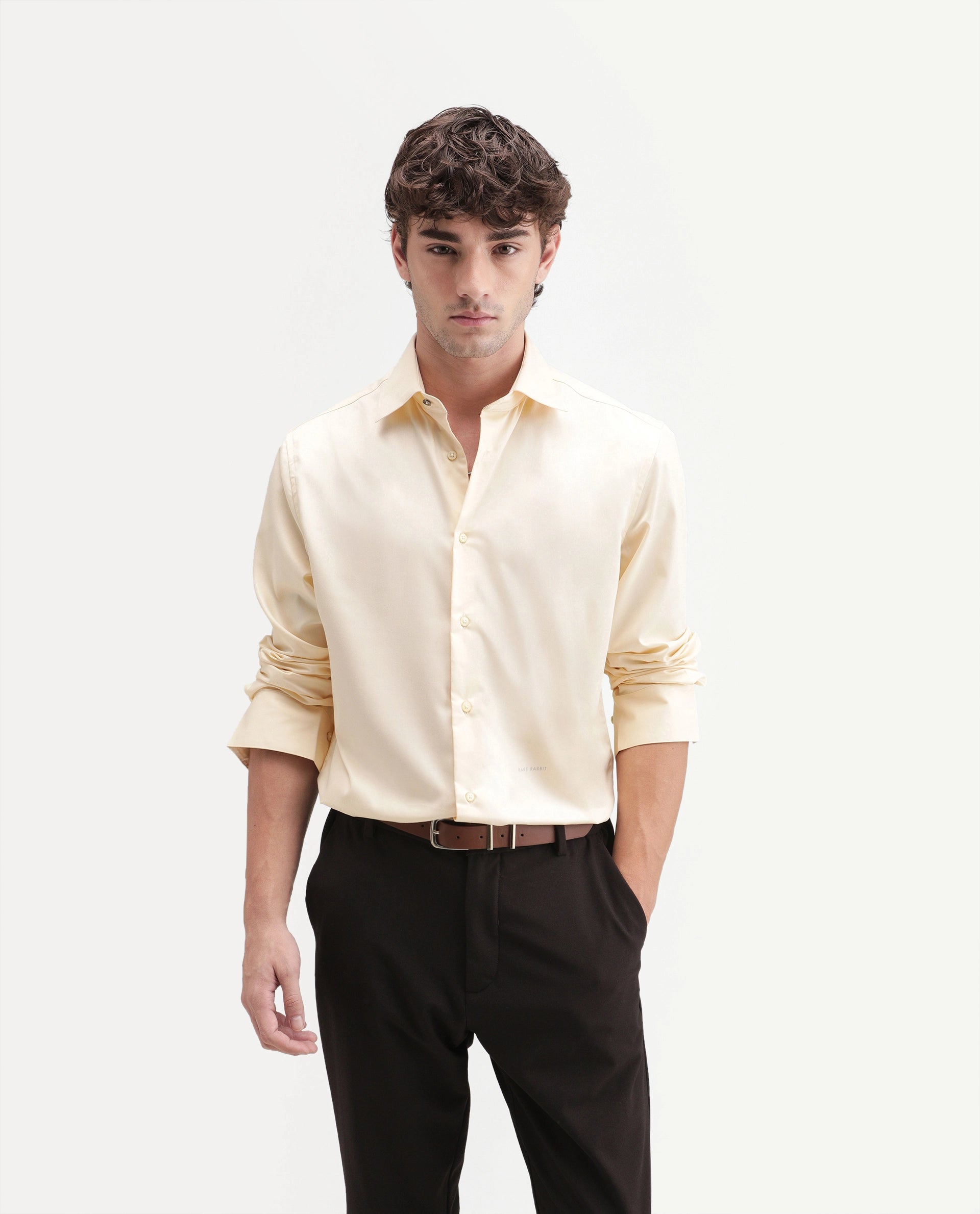 Rare Rabbit Men's Aston Light Yellow Polyester Blend Spread Collar Button Regular Plain Shirt