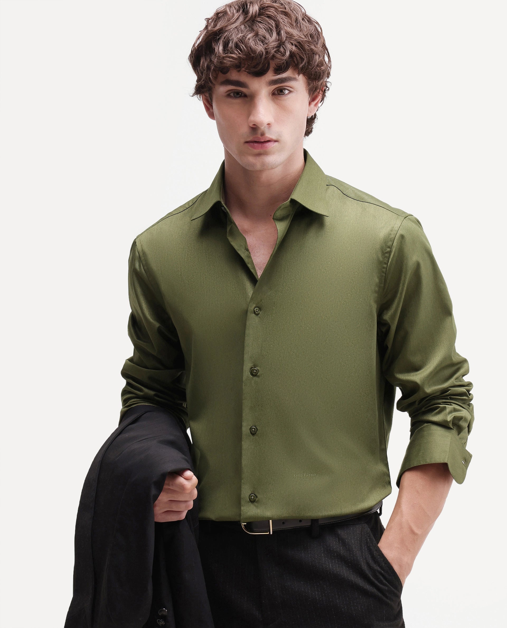 Rare Rabbit Men's Aston Dark Green Polyester Blend Spread Collar Button Regular Plain Shirt