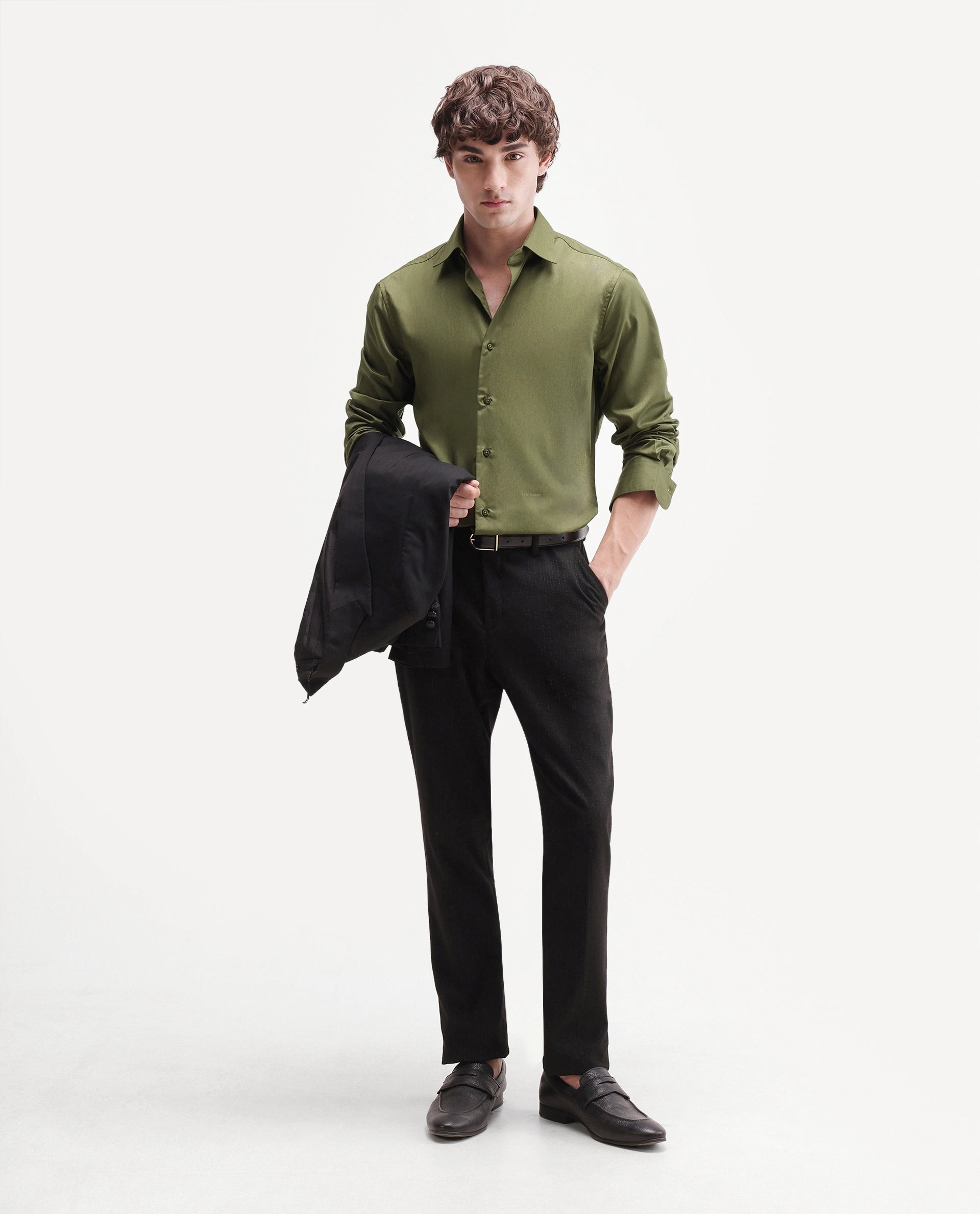 Rare Rabbit Men's Aston Dark Green Polyester Blend Spread Collar Button Regular Plain Shirt
