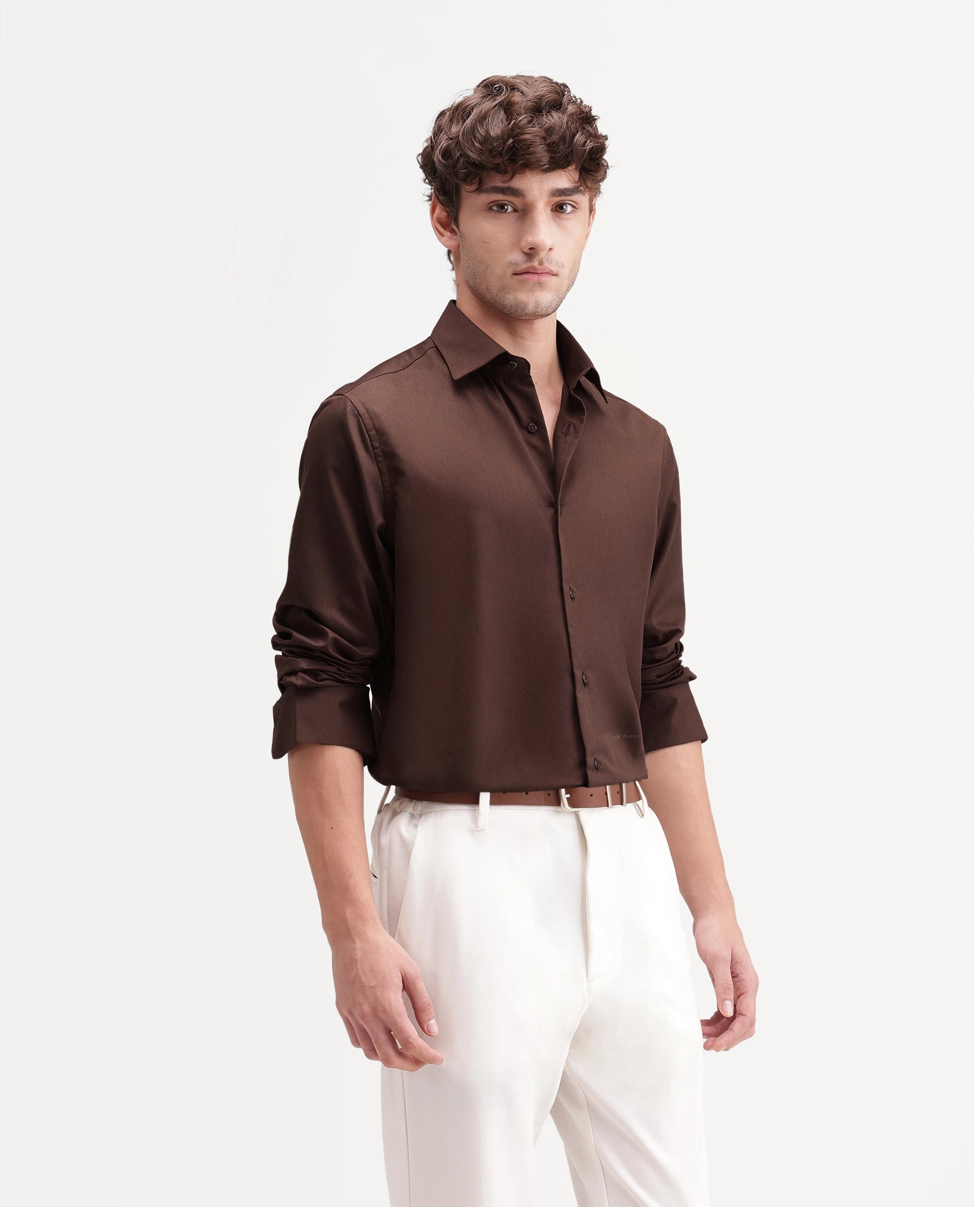 Rare Rabbit Men's Aston Brown Polyester Blend Spread Collar Button Regular Plain Shirt