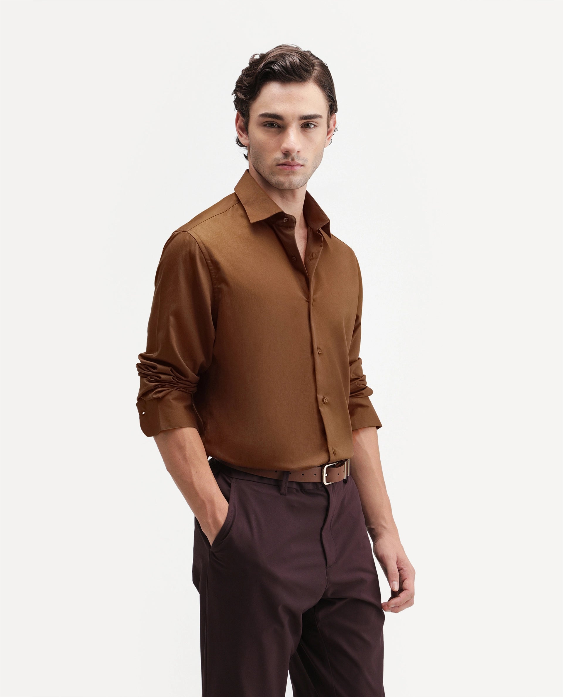 Rare Rabbit Men's Aston Dusky Brown Polyester Blend Spread Collar Button Regular Plain Shirt