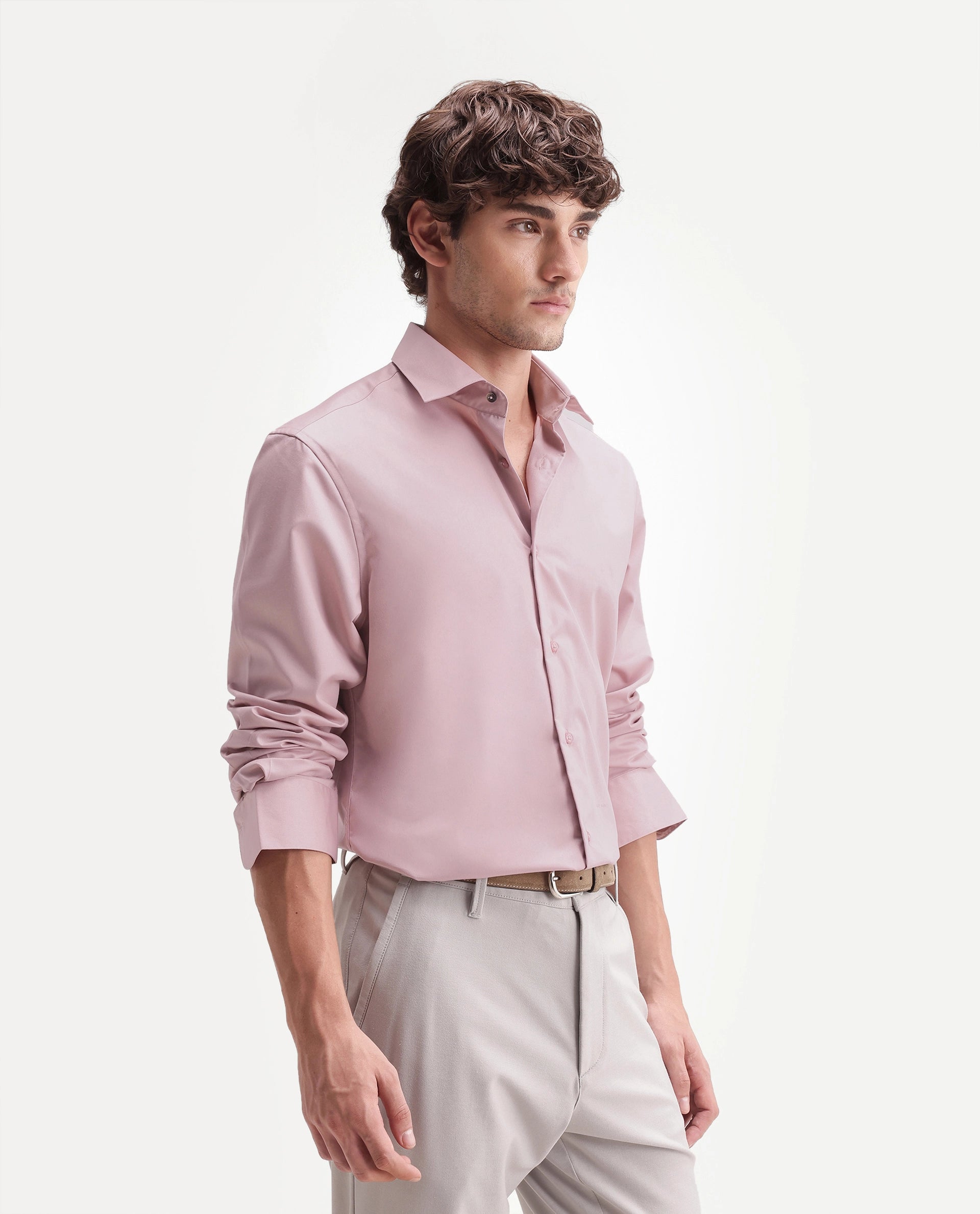 Rare Rabbit Men's Aston Light Pink Polyester Blend Spread Collar Button Regular Plain Shirt