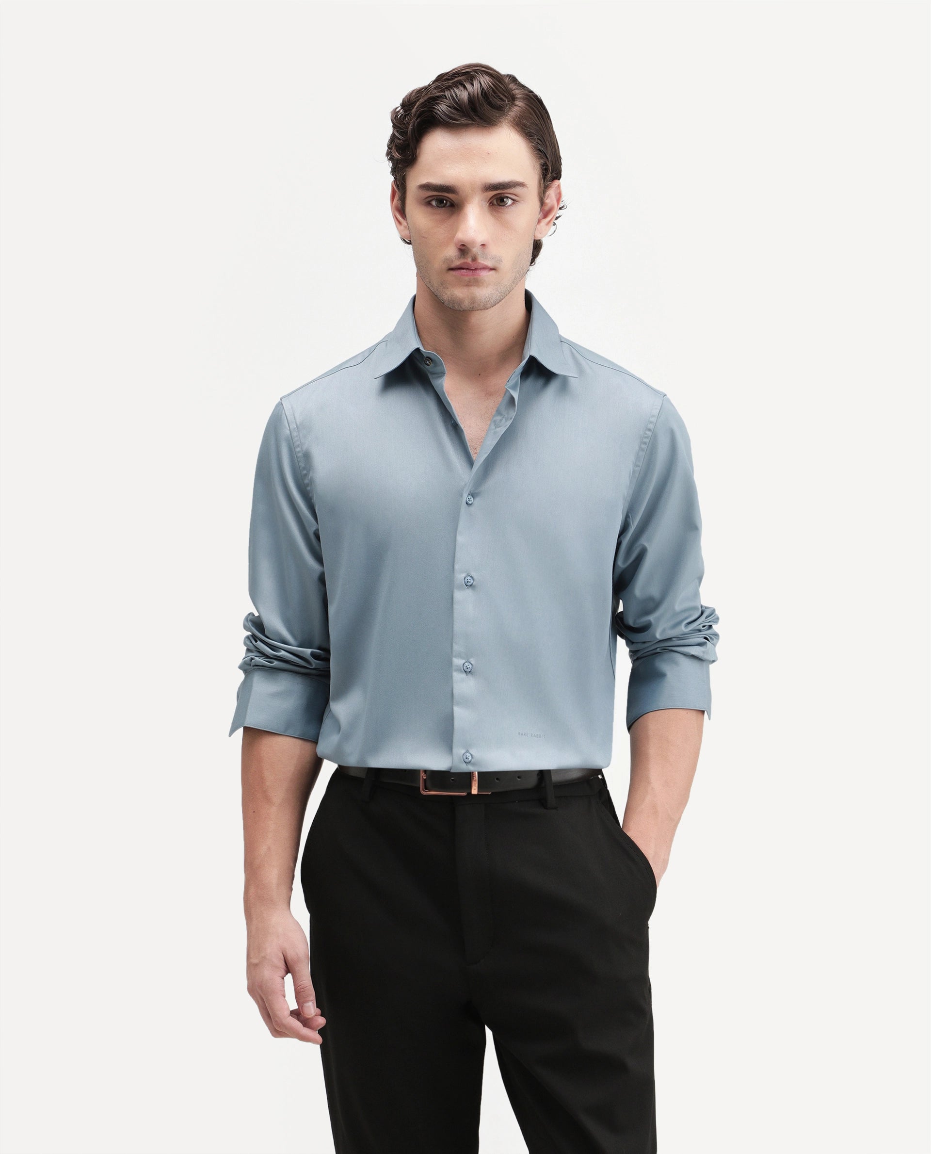 Rare Rabbit Men's Aston Blue Polyester Blend Spread Collar Button Regular Plain Shirt