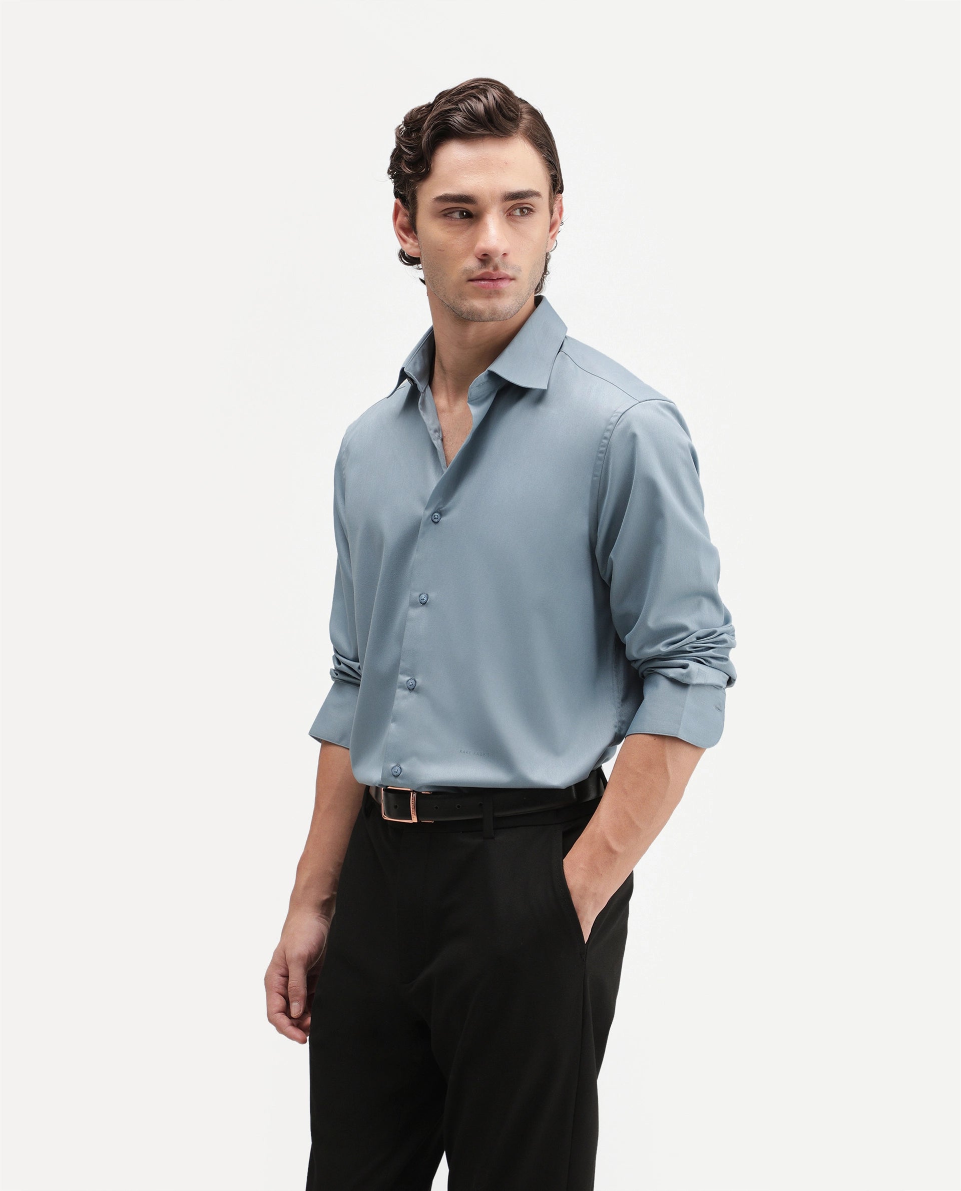 Rare Rabbit Men's Aston Blue Polyester Blend Spread Collar Button Regular Plain Shirt