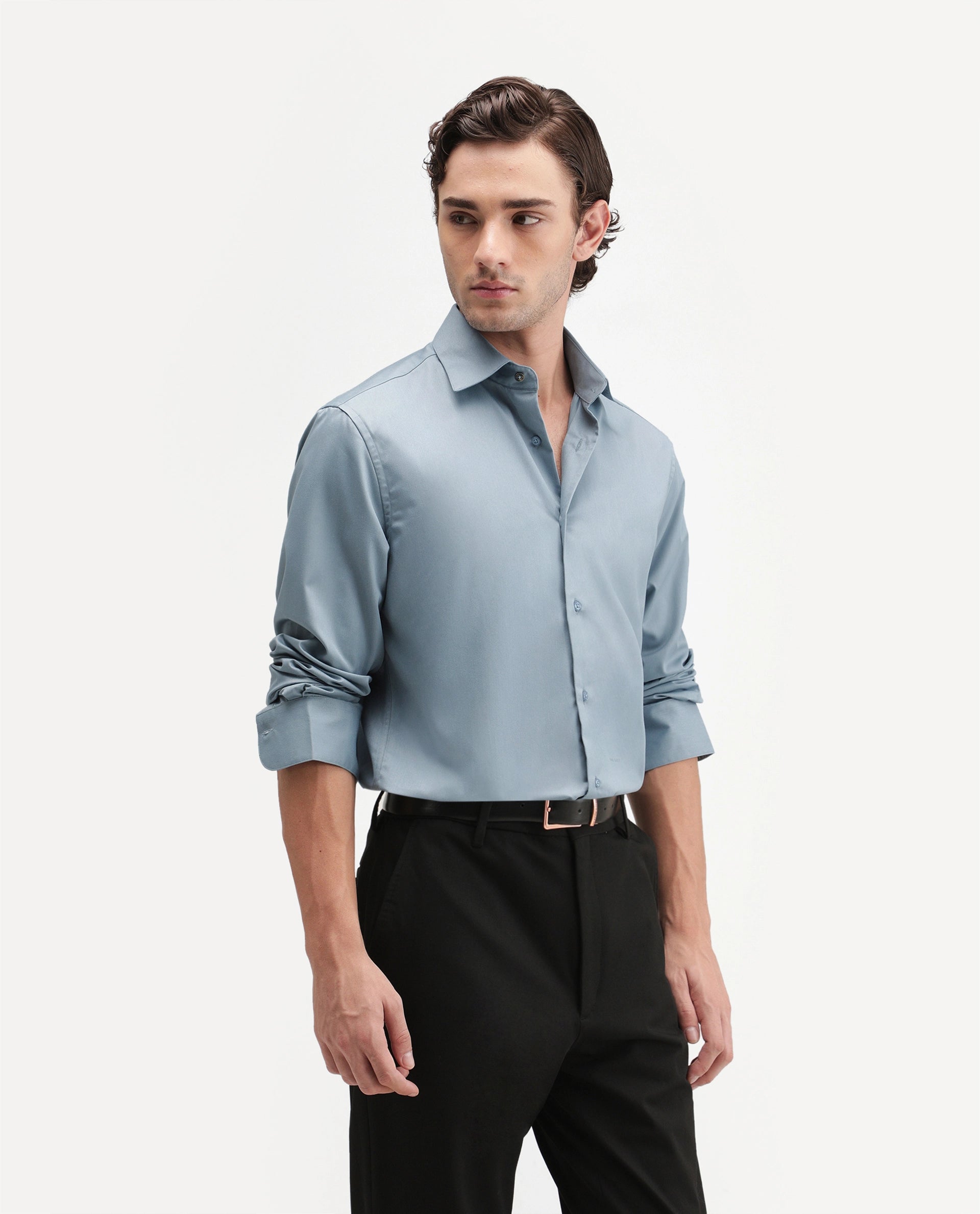 Rare Rabbit Men's Aston Blue Polyester Blend Spread Collar Button Regular Plain Shirt
