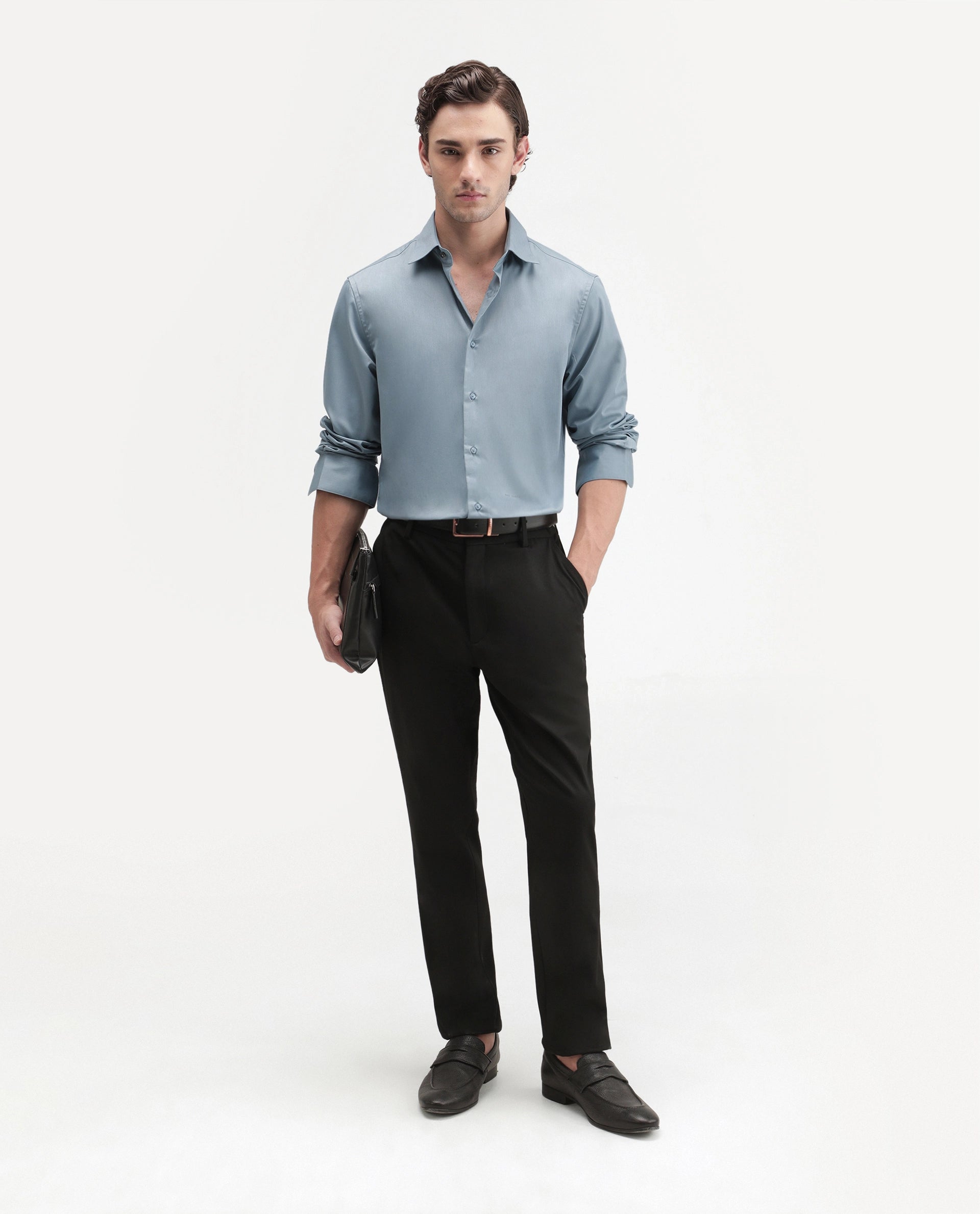Rare Rabbit Men's Aston Blue Polyester Blend Spread Collar Button Regular Plain Shirt