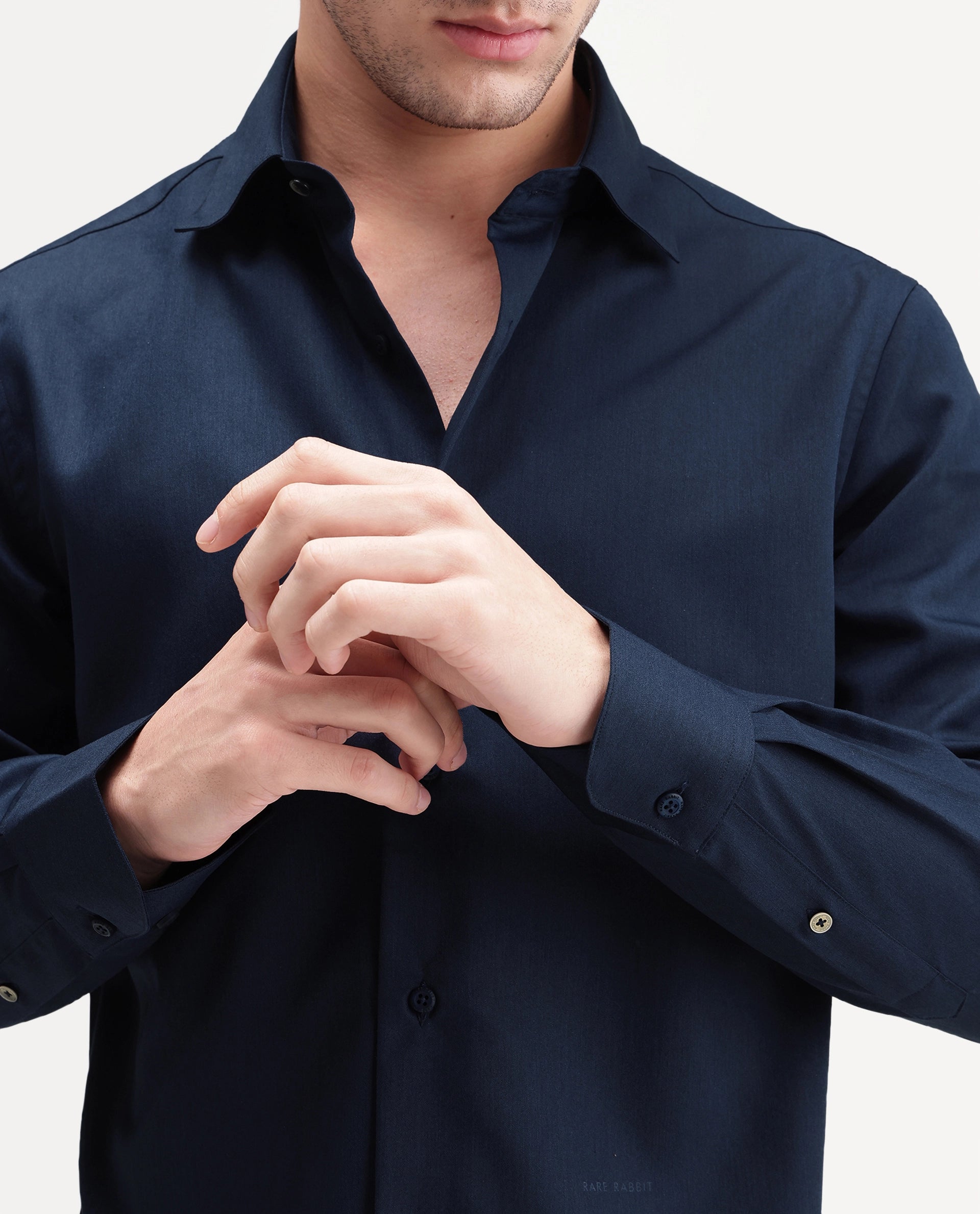 Rare Rabbit Men's Aston Navy Polyester Blend Spread Collar Button Regular Plain Shirt