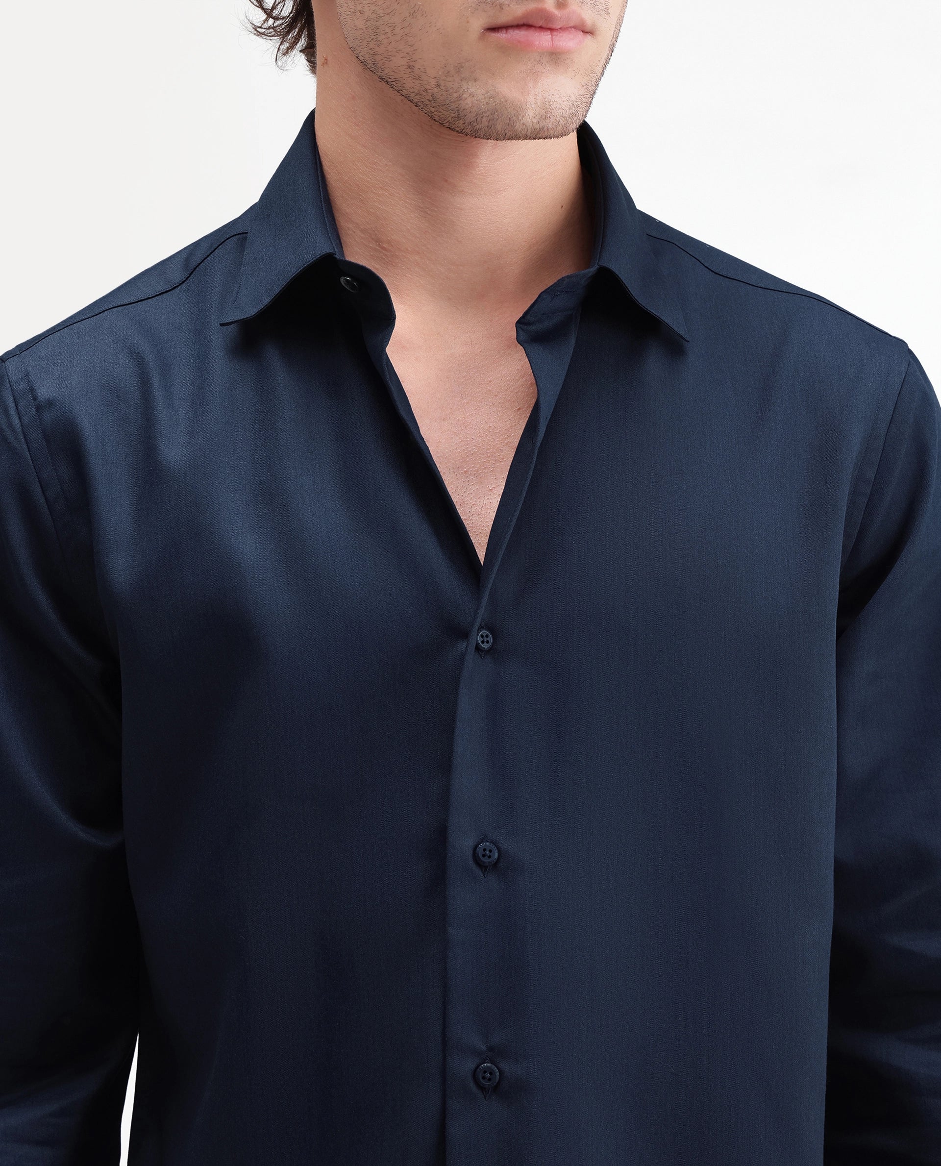 Rare Rabbit Men's Aston Navy Polyester Blend Spread Collar Button Regular Plain Shirt