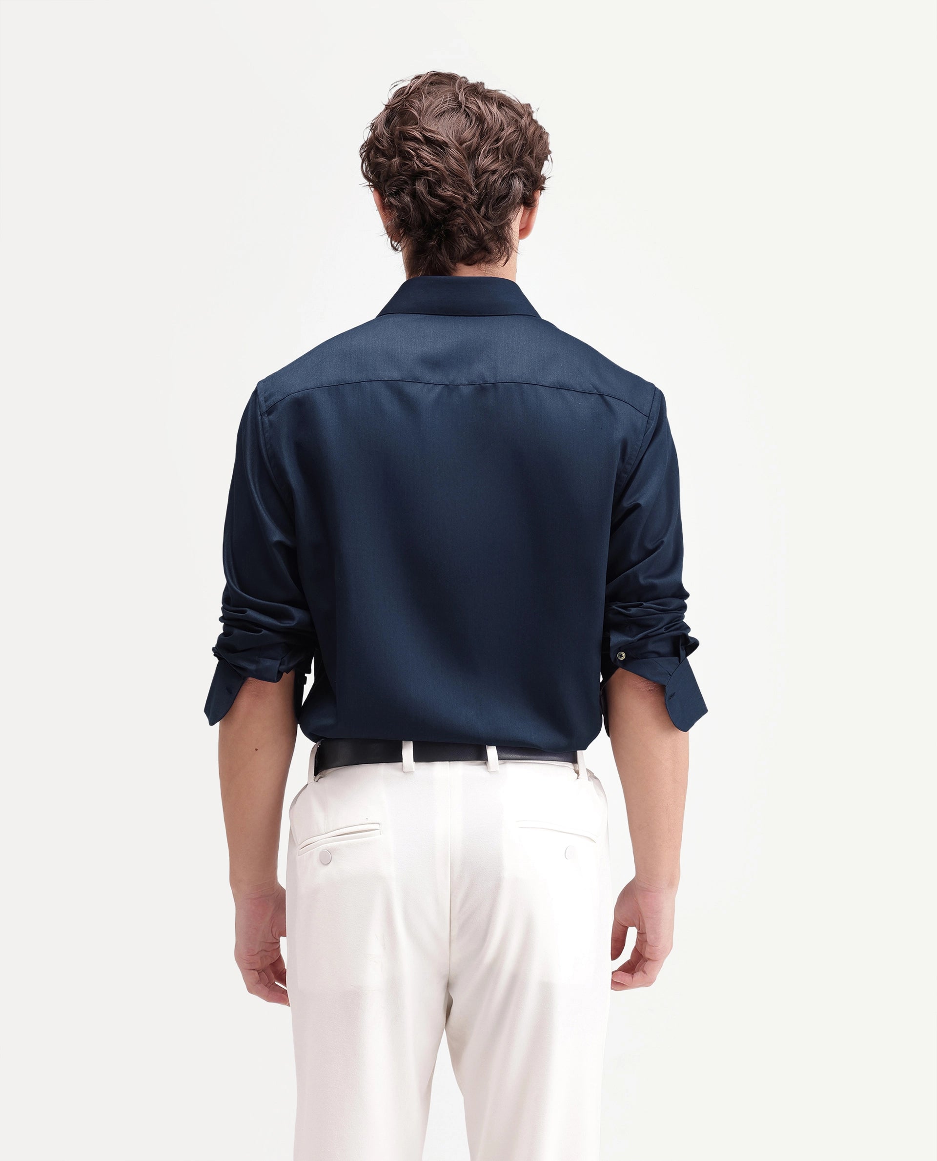 Rare Rabbit Men's Aston Navy Polyester Blend Spread Collar Button Regular Plain Shirt