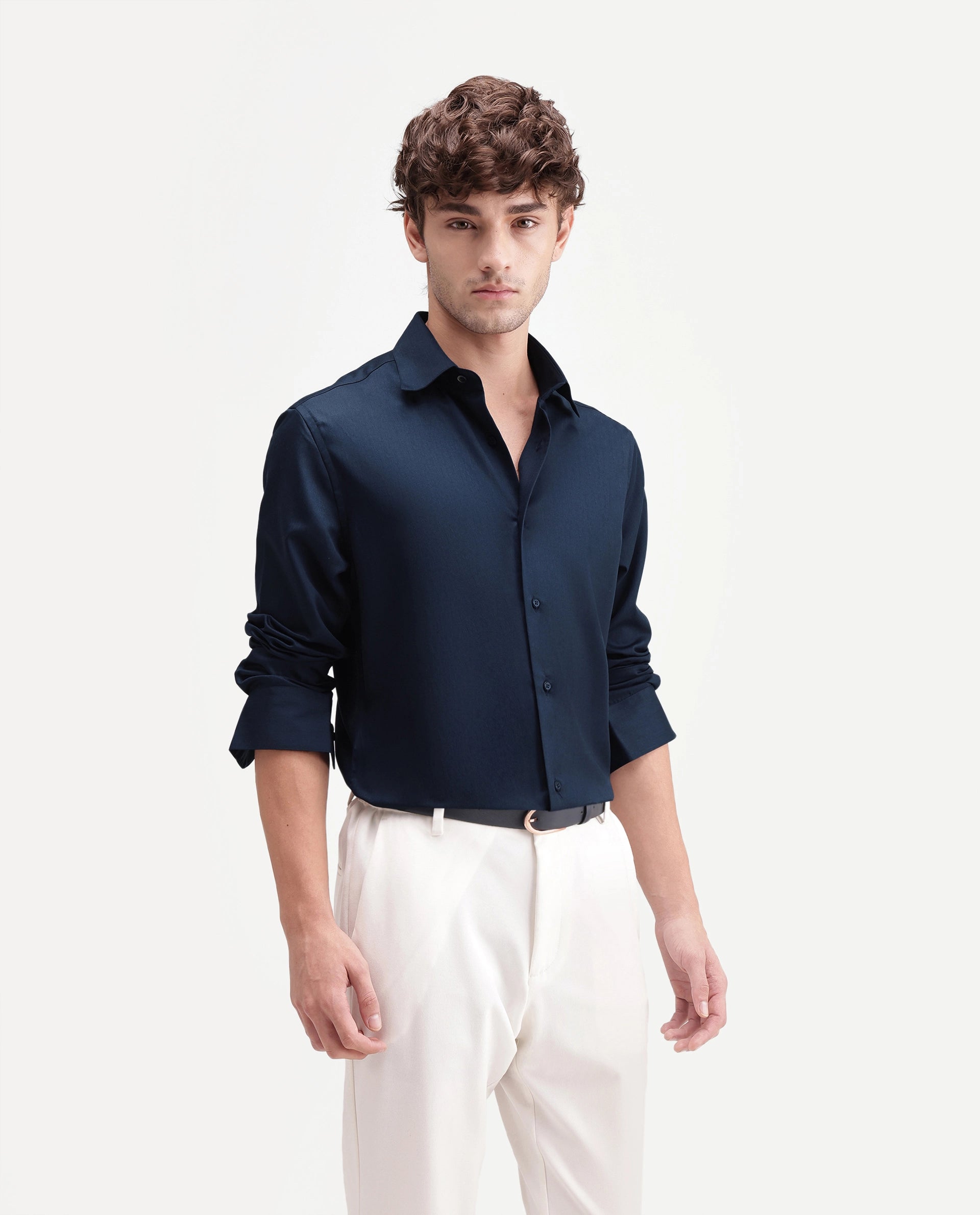 Rare Rabbit Men's Aston Navy Polyester Blend Spread Collar Button Regular Plain Shirt